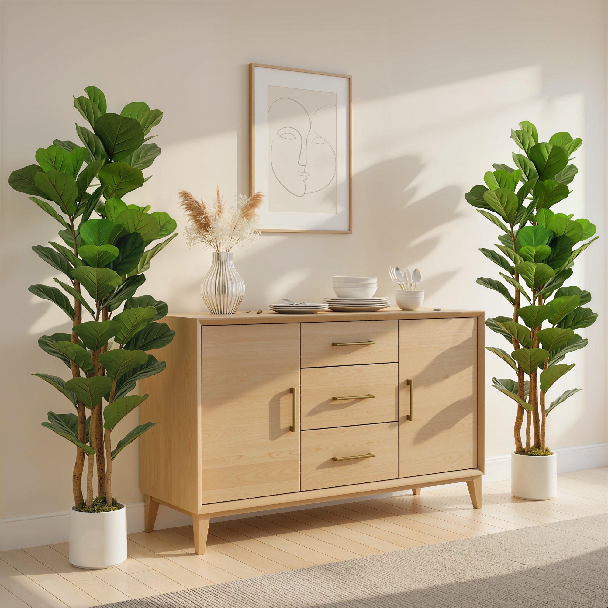 6FT Artificial Fiddle Leaf Fig Tree Set of 2 with Solid Wood Trunks, Lifelike Fake Tree with 91 Leaves in Pot for Indoor Living Room Office Home Decor, Green