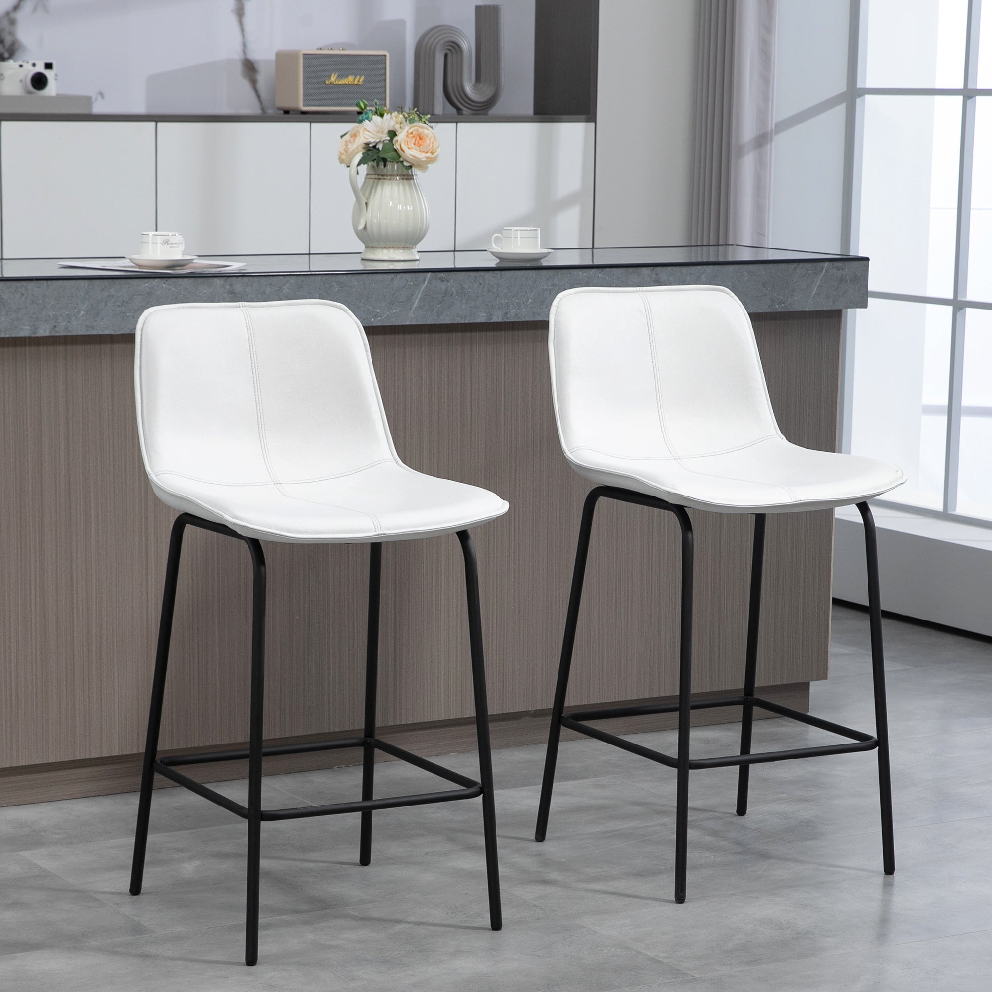 HOMCOM Bar Stools Set of 2, Upholstered Counter Height Bar Chairs, 26" (66 cm) Kitchen Stools with Steel Legs for Dining Area, Kitchen Aisle, Cream White