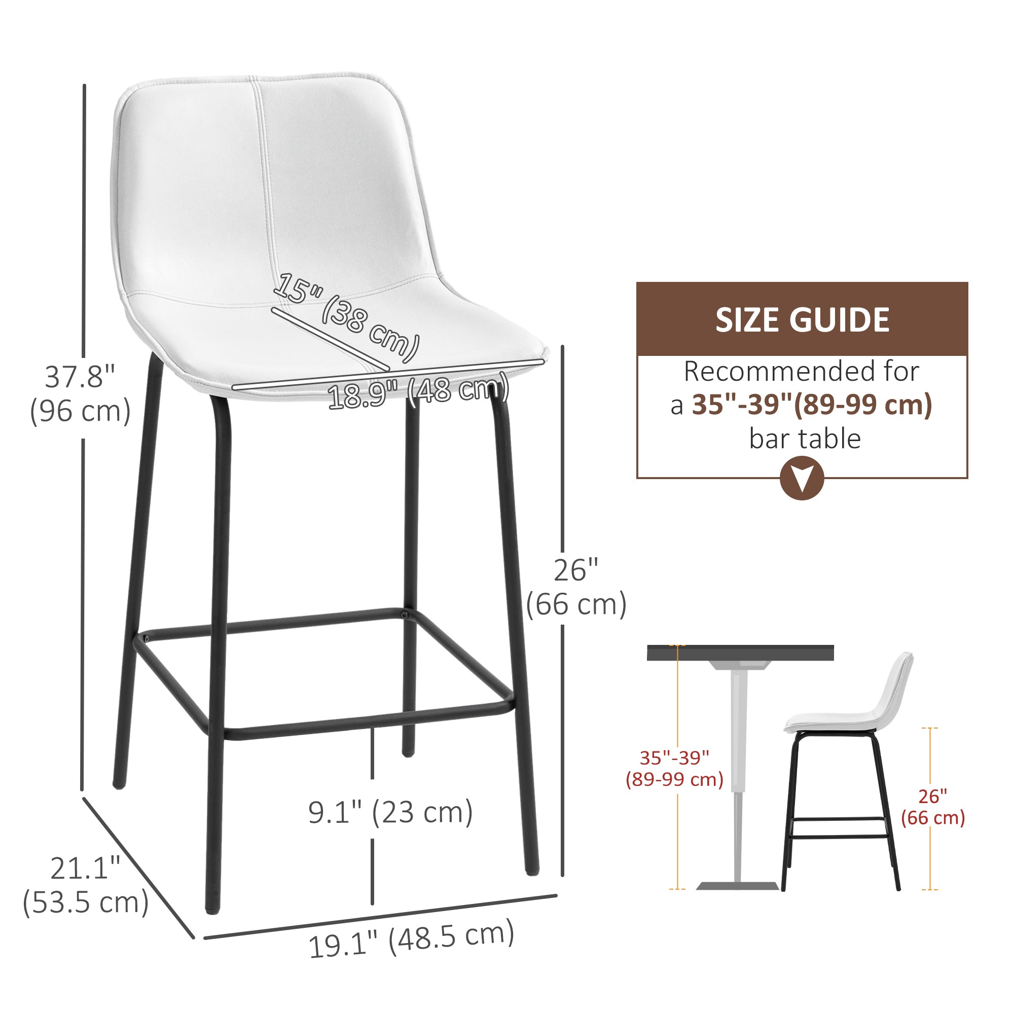 HOMCOM Bar Stools Set of 2, Upholstered Counter Height Bar Chairs, 26" (66 cm) Kitchen Stools with Steel Legs for Dining Area, Kitchen Aisle, Cream White