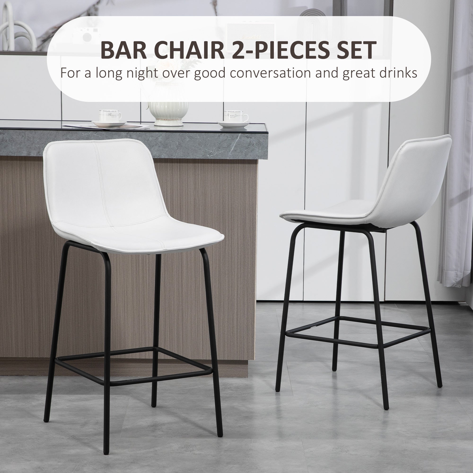 HOMCOM Bar Stools Set of 2, Upholstered Counter Height Bar Chairs, 26" (66 cm) Kitchen Stools with Steel Legs for Dining Area, Kitchen Aisle, Cream White