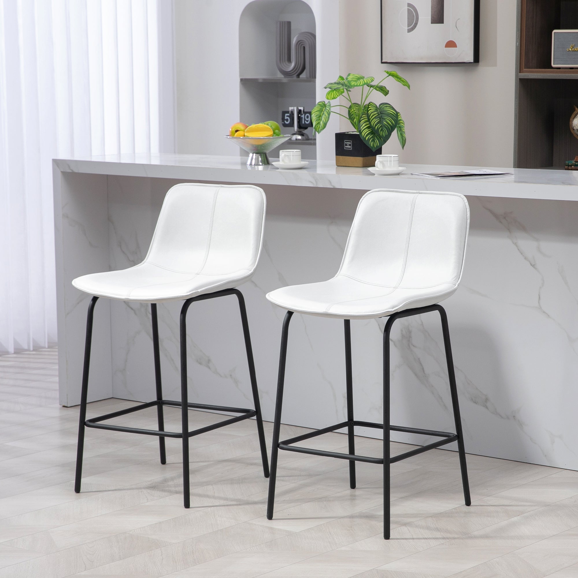 HOMCOM Bar Stools Set of 2, Upholstered Counter Height Bar Chairs, 26" (66 cm) Kitchen Stools with Steel Legs for Dining Area, Kitchen Aisle, Cream White