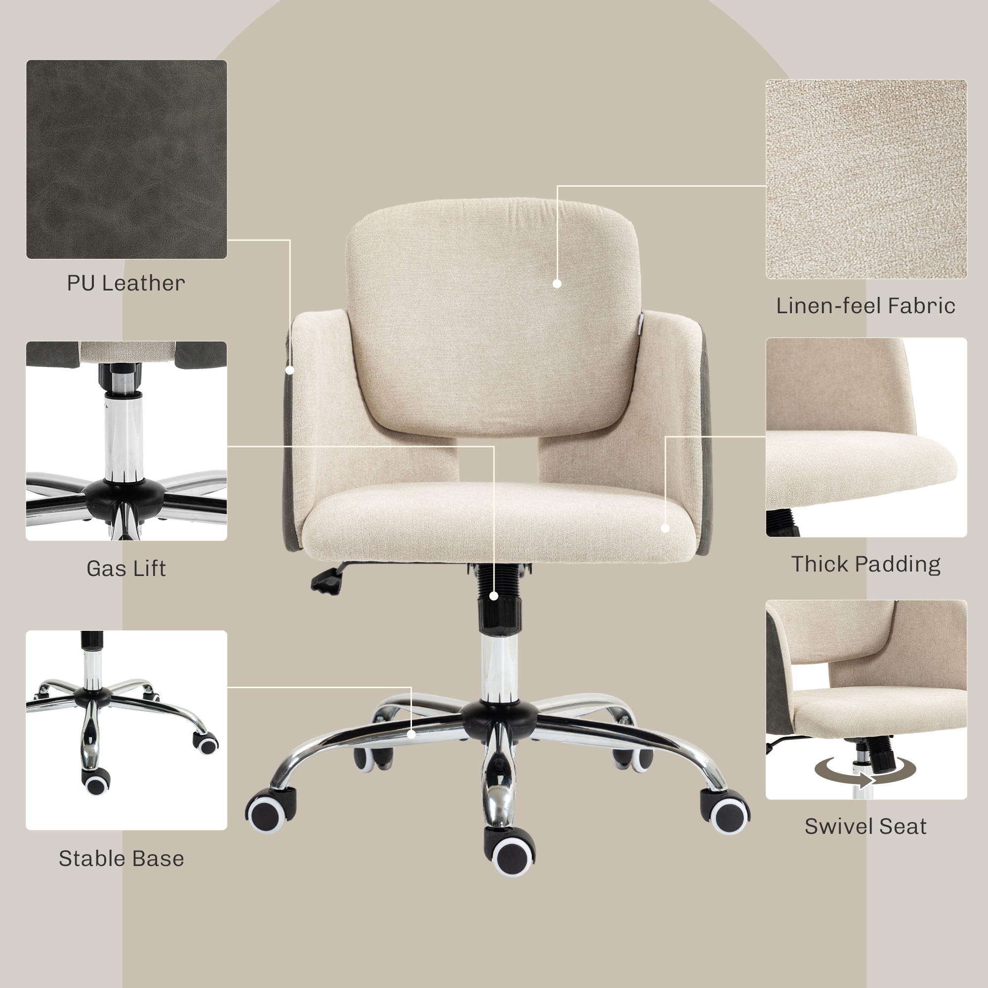 HOMCOM Fabric Office Chair, Height Adjustable Small Desk Chair with Swivel Wheels and Tilt Function, Computer Chair, Cream White