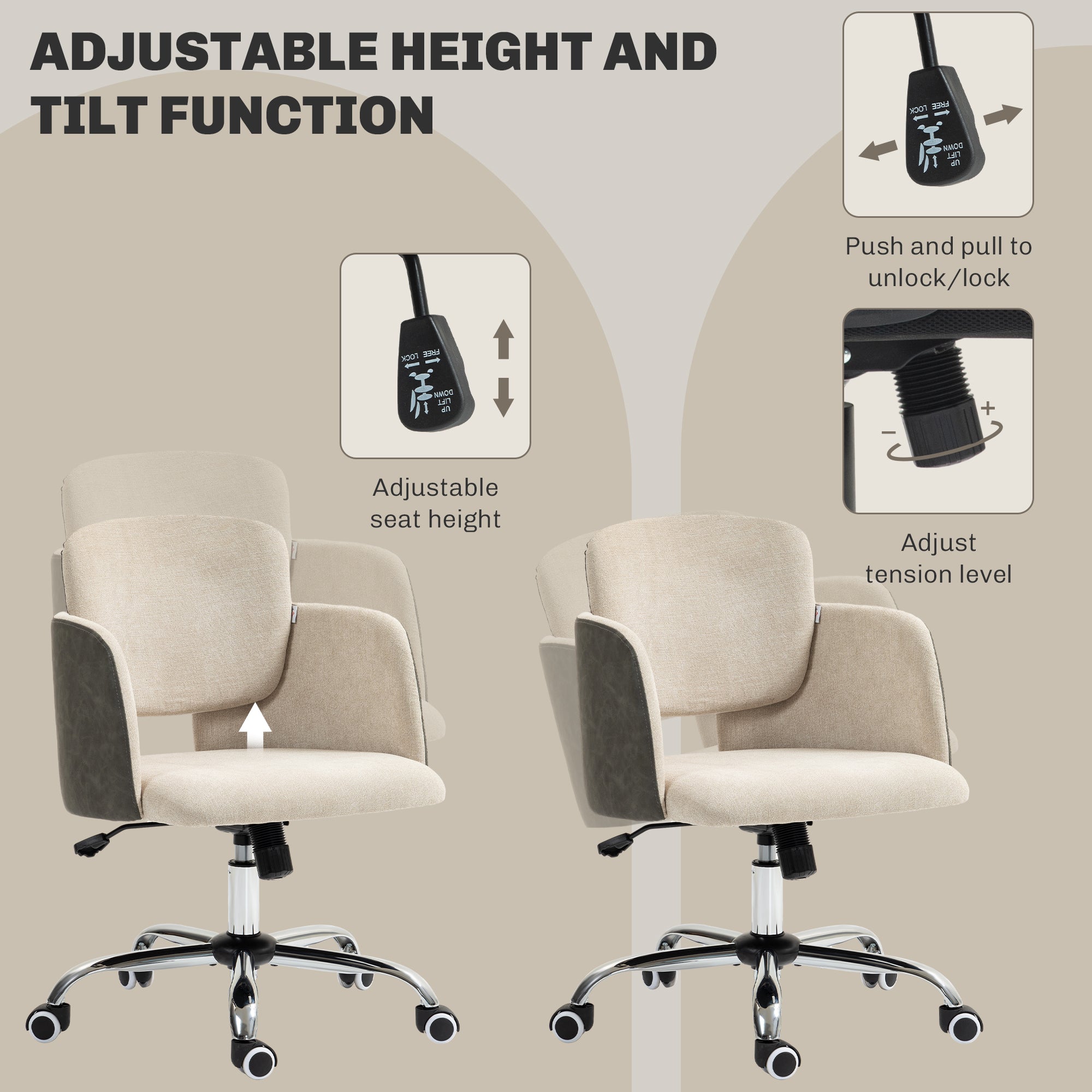 HOMCOM Fabric Office Chair, Height Adjustable Small Desk Chair with Swivel Wheels and Tilt Function, Computer Chair, Cream White