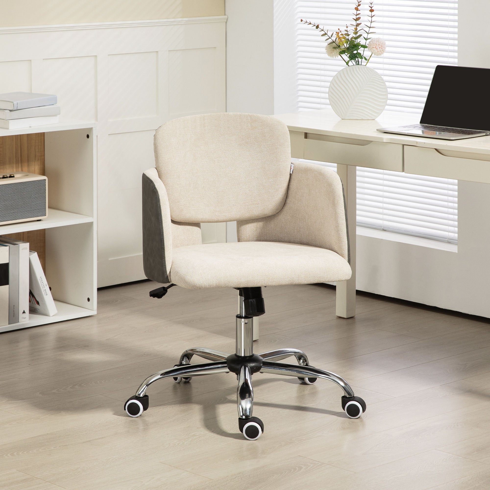 HOMCOM Fabric Office Chair, Height Adjustable Small Desk Chair with Swivel Wheels and Tilt Function, Computer Chair, Cream White