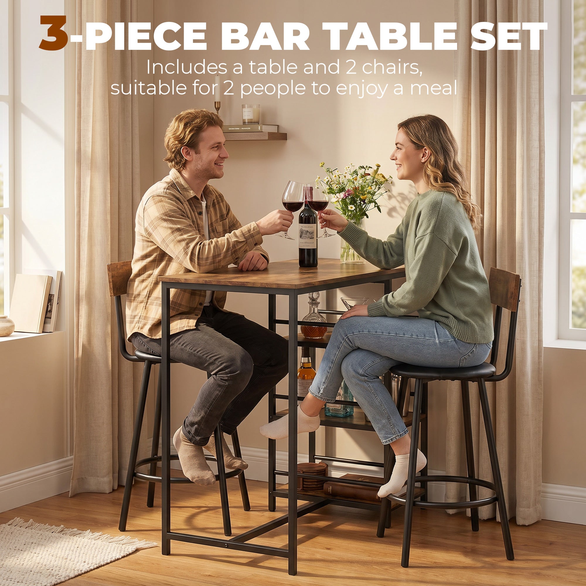 3 Piece Breakfast Bar Table Set, Space Saving Bar Table and PU Leather Stools for 2, Dining Table Set with Storage Shelves, Rustic Brown