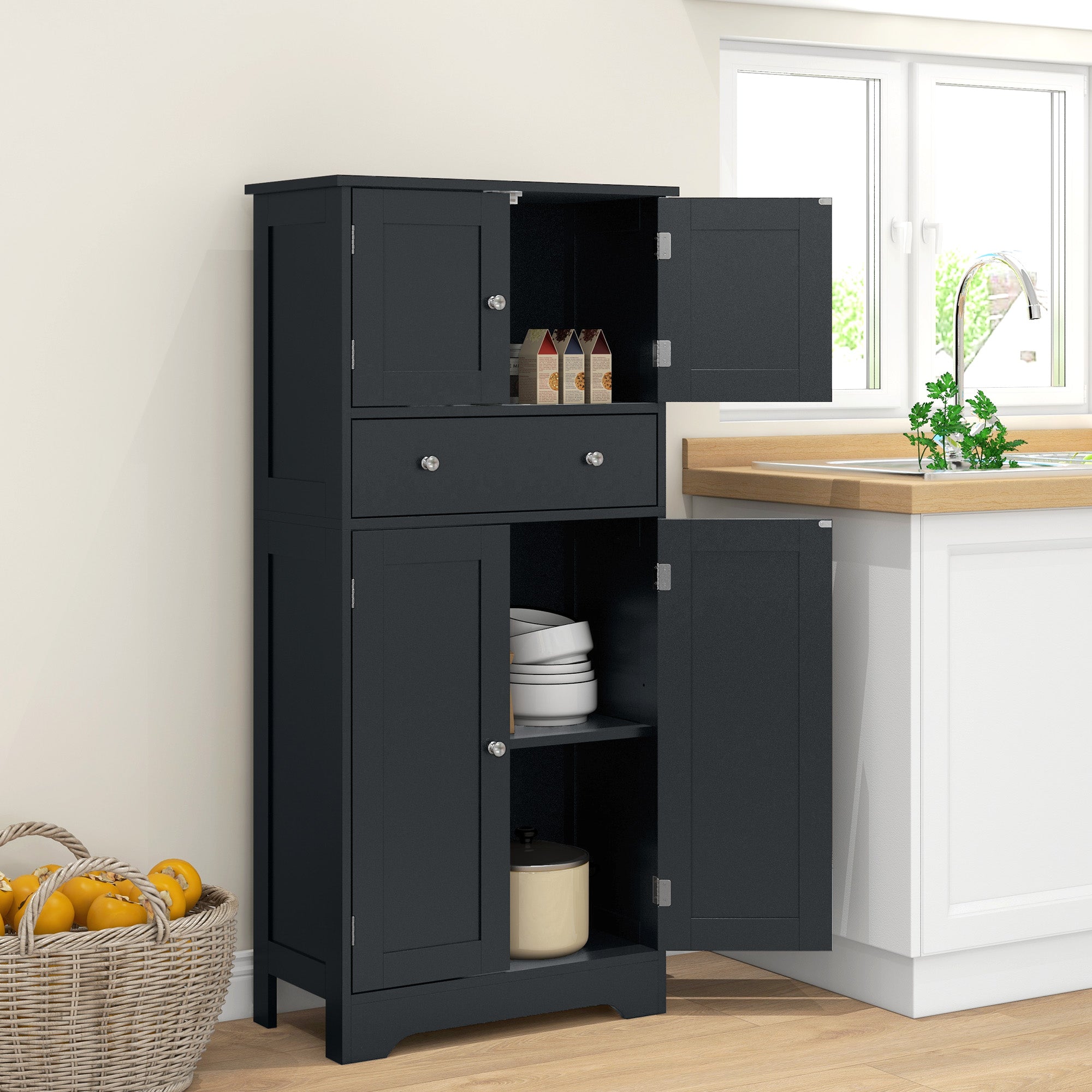 HOMCOM 50.5" Kitchen Pantry Cabinet, Modern Freestanding Storage Cabinet with Doors and Shelves, Kitchen Cabinet with Drawer and Adjustable Shelf, Black