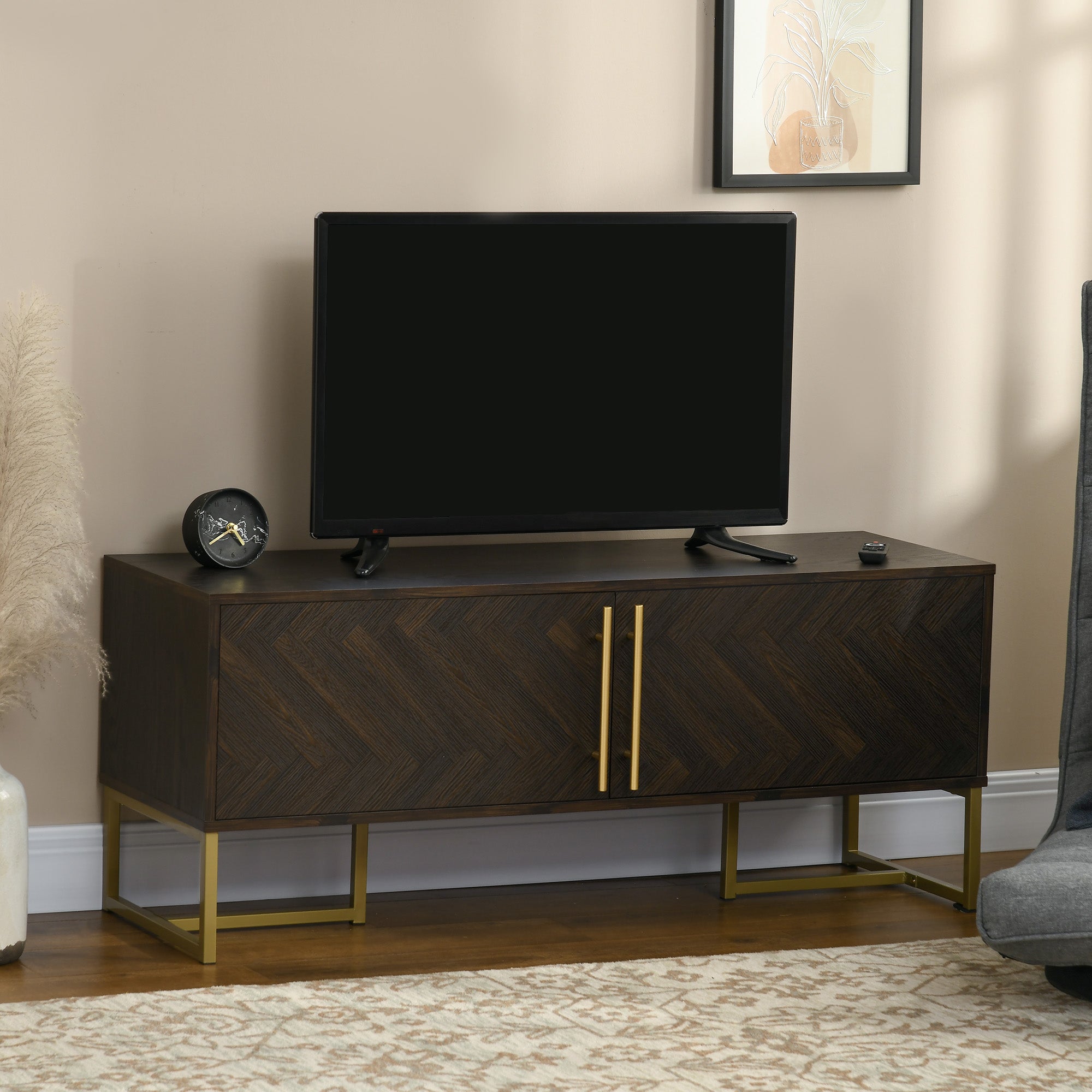 HOMCOM Modern TV Stand for TVs up to 55 inches, Entertainment Center, TV Console Table with 2 Door Cabinets and Golden Legs for Living Room, Brown