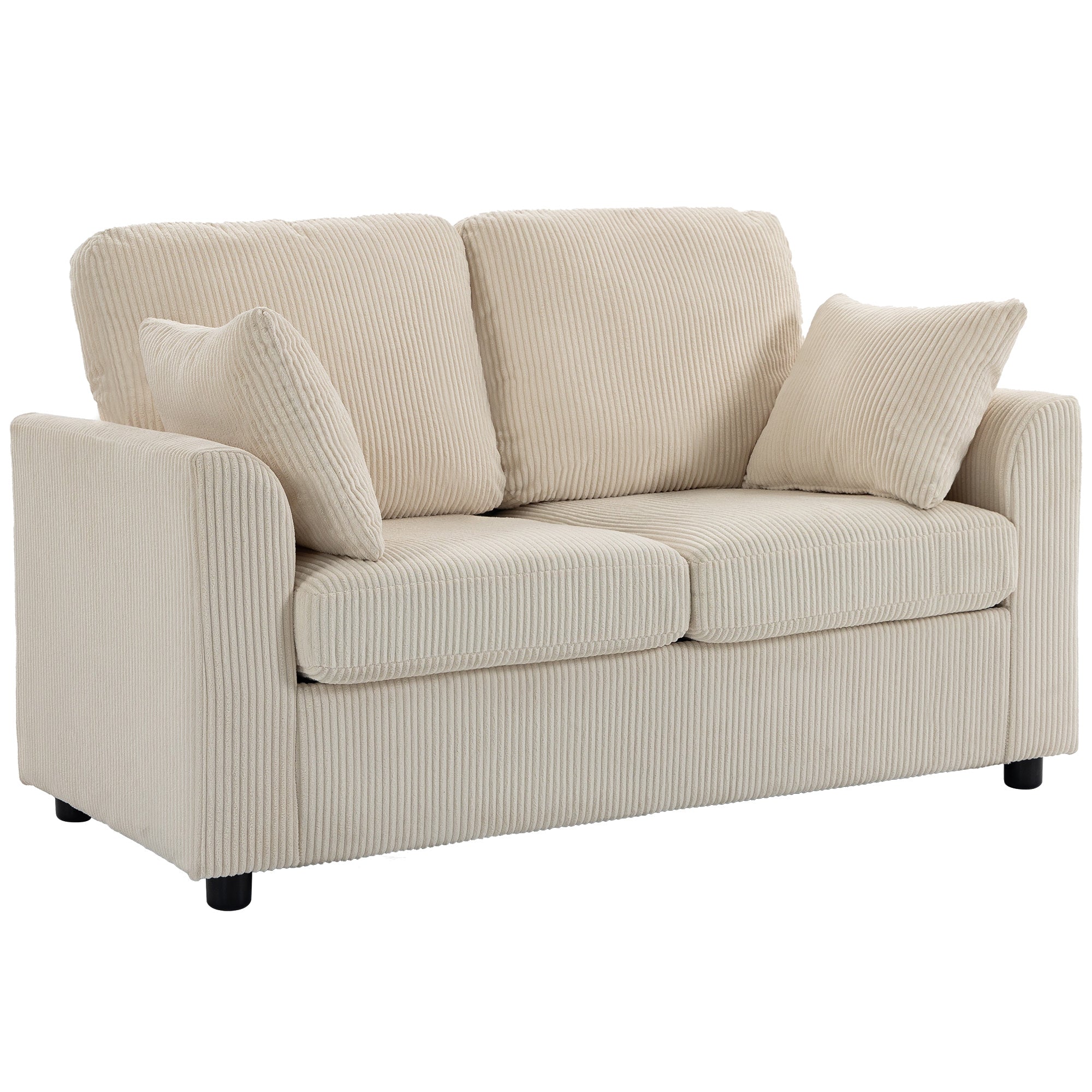 2 Seater Sofa, 144cm Corduroy Small Couch with Spring Cushion, Wide and Deep Seat, Plush Backrest, 2 Pillows, Loveseat Sofa Settee for Small Space, Living Room, Bedroom, Home Office, Beige