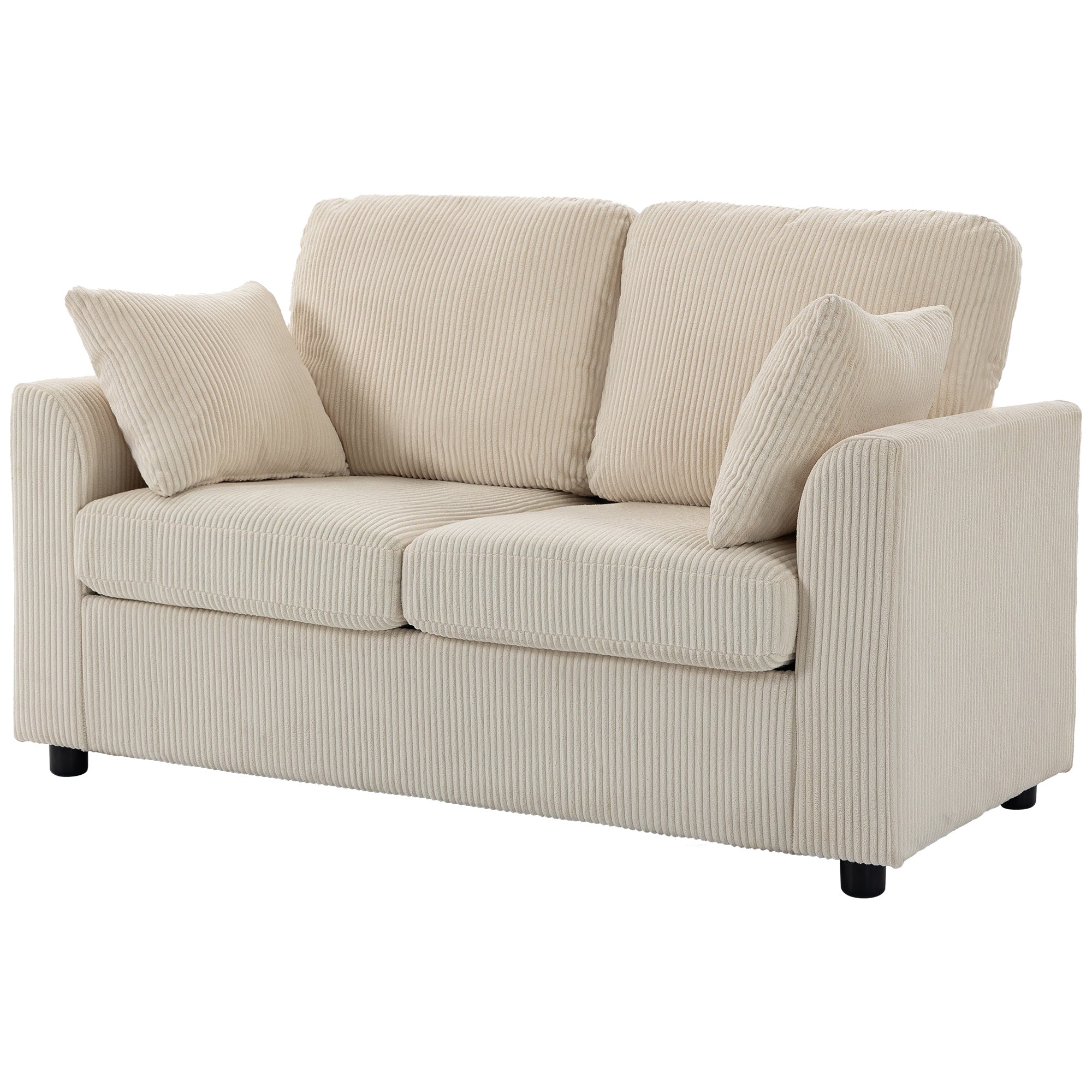 2 Seater Sofa, 144cm Corduroy Small Couch with Spring Cushion, Wide and Deep Seat, Plush Backrest, 2 Pillows, Loveseat Sofa Settee for Small Space, Living Room, Bedroom, Home Office, Beige