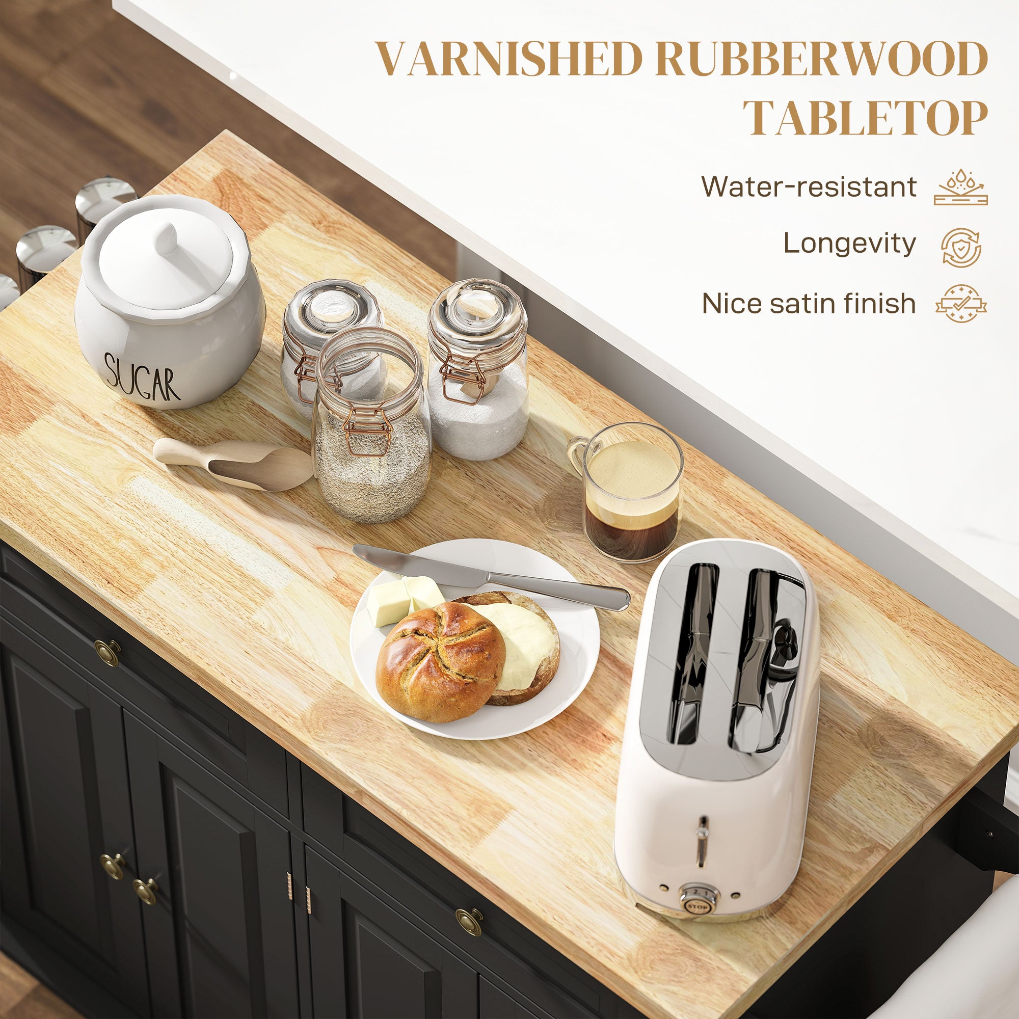 GlideSpace Rolling Kitchen Island Storage Trolley with Rubber Wood Top & Drawers for Dining Room, Black - HOMCOM