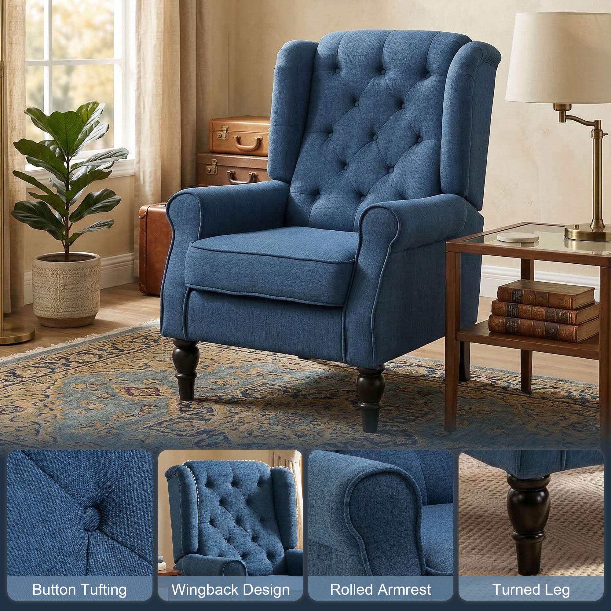 Retro Button Tufted Accent Armchair with Wooden Frame and Legs for Living Room, Bedroom, Blue - HOMCOM