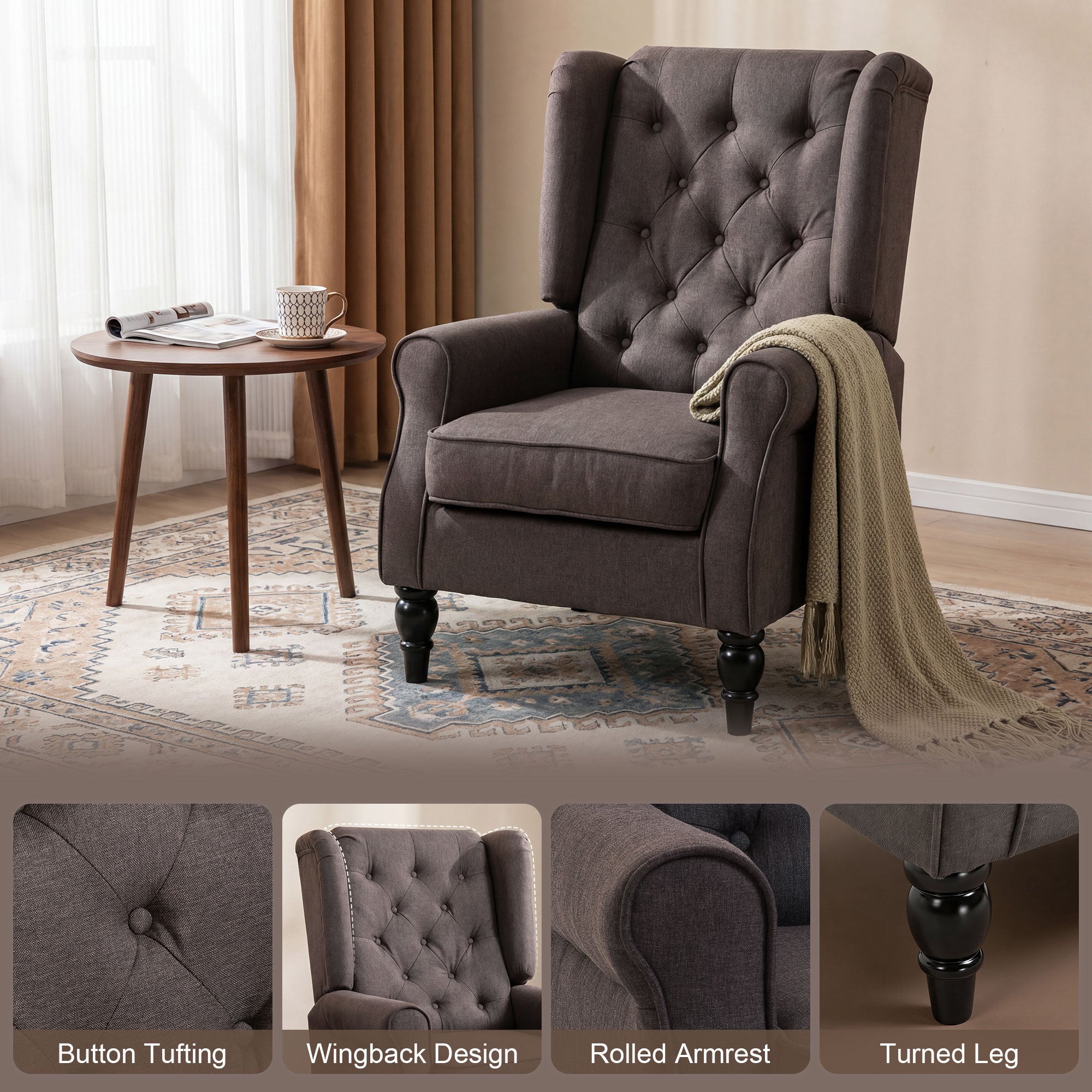 Mid-CenturyAccent Chair w/ High Wingback, Button-Tufted Fabric & Retro Wood Legs, Dark Brown - HOMCOM