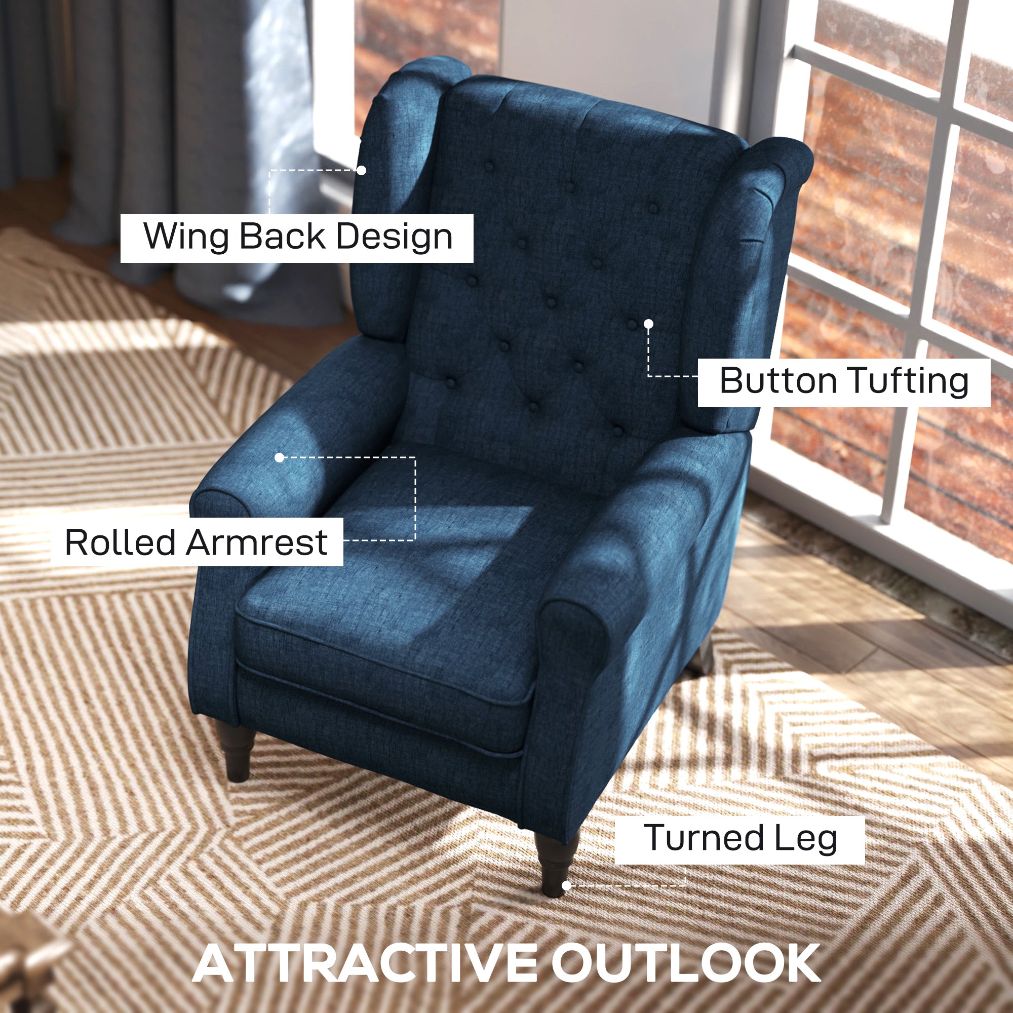 Mid-Century Accent Chair w/ High Wingback, Button-Tufted Fabric & Retro Wood Legs, Blue