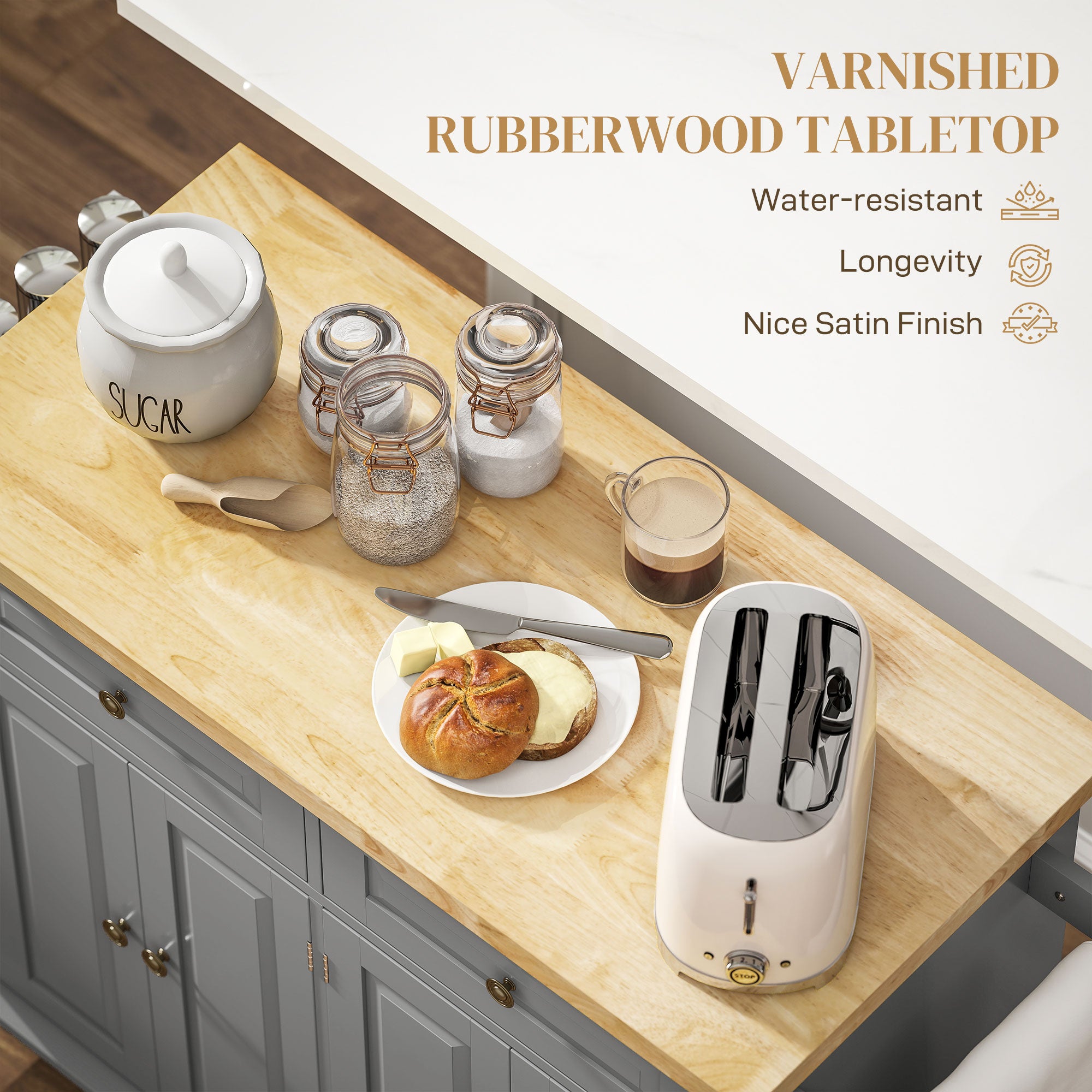 Modern Rubberwood Rolling Kitchen Island with Storage - HOMCOM