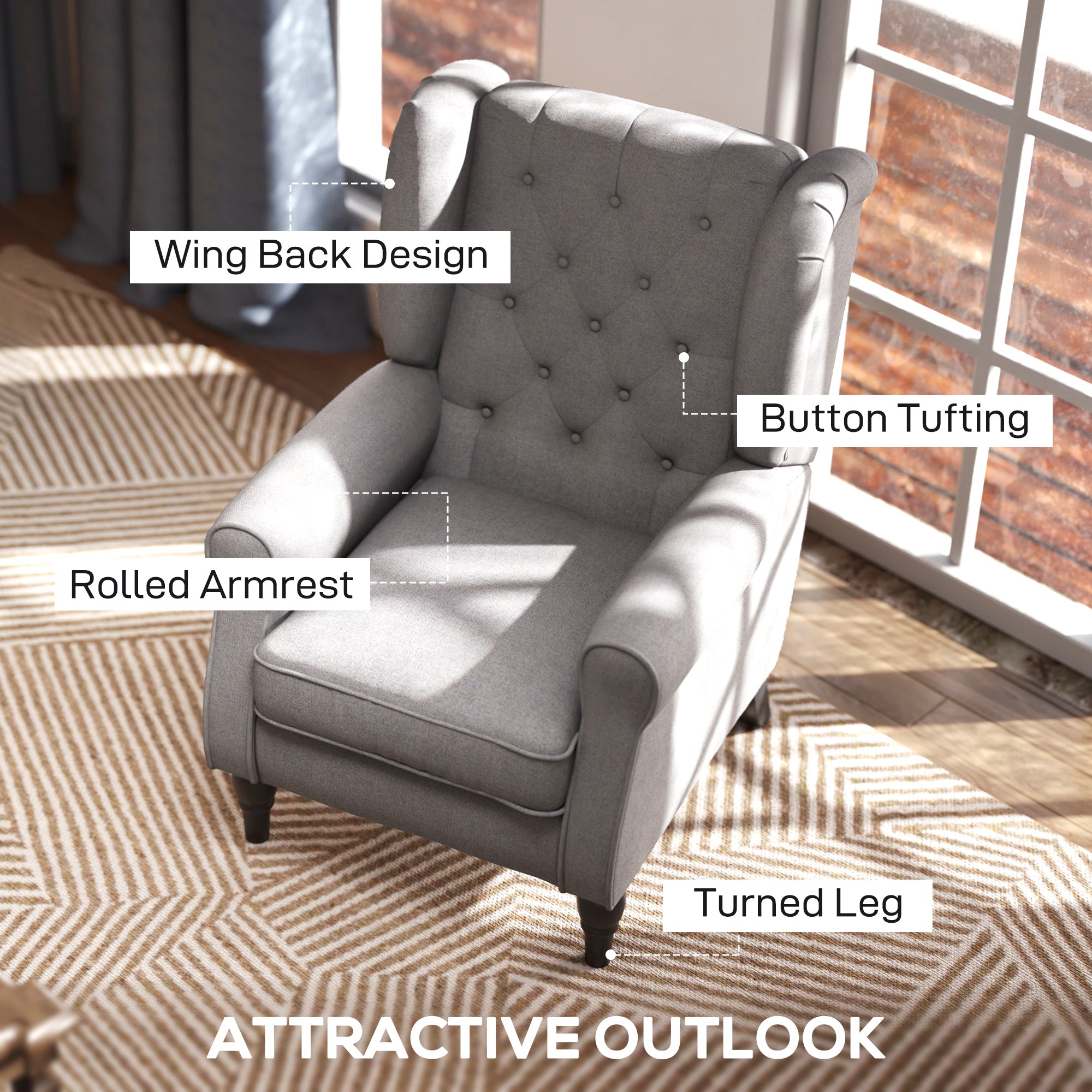 Mid-Century Accent Chair w/ High Wingback, Button-Tufted Fabric & Retro Wood Legs, Gray