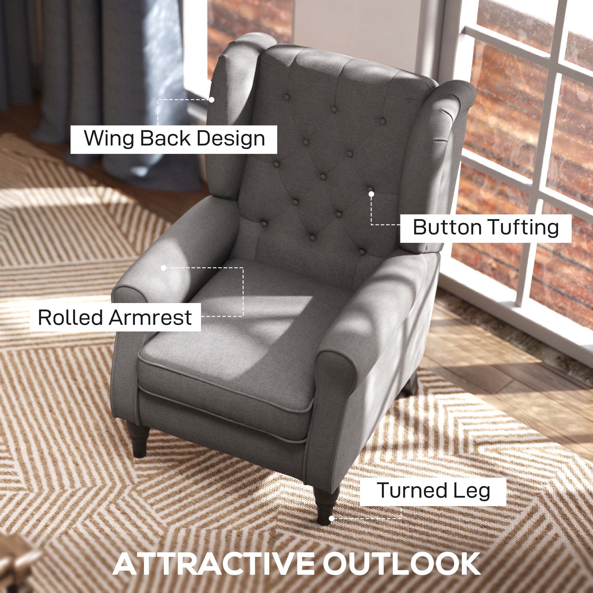 Retro Button Tufted Accent Armchair with Wooden Frame and Legs for Living Room, Bedroom, Dark Grey