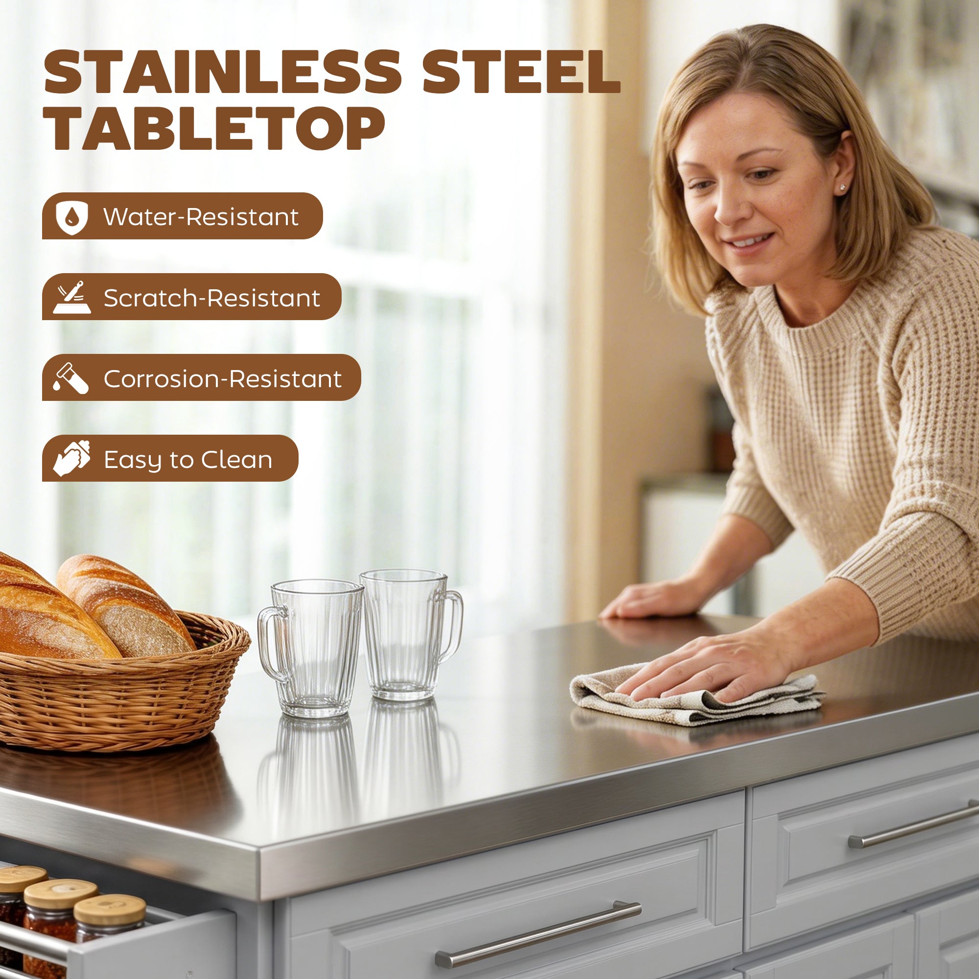 Rolling Kitchen Island with Storage Portable Cart with Stainless Steel Top 2 Drawers Gray