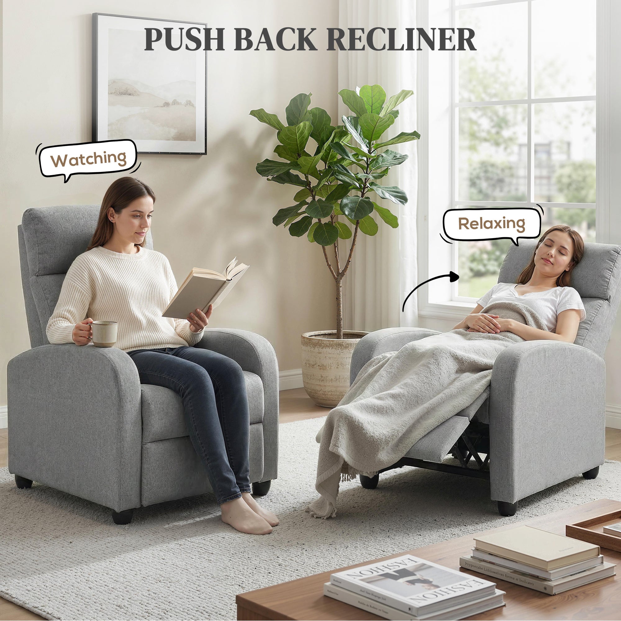 Push Back Recliner Chair with Padded Seat, Light Grey - HOMCOM