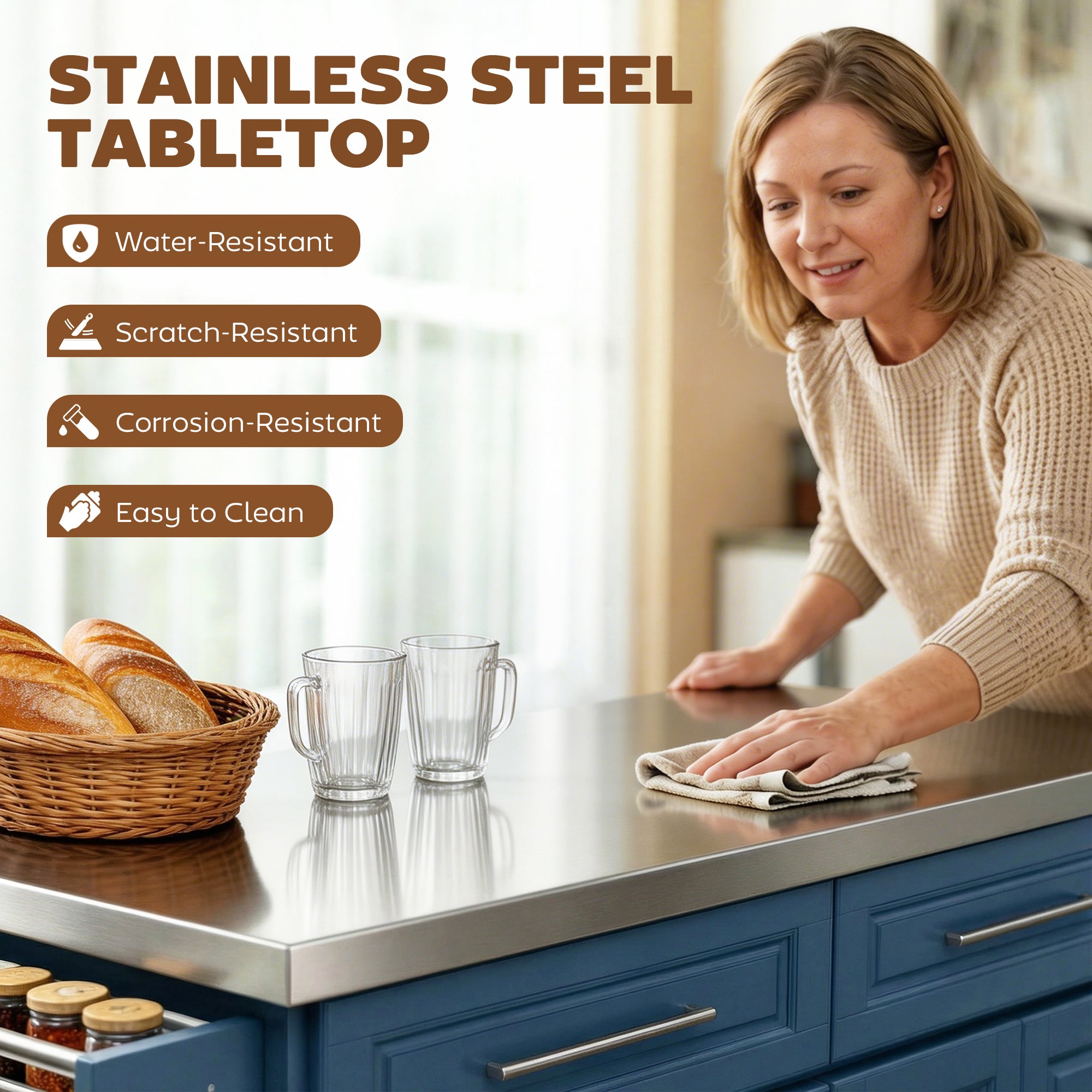 Rolling Kitchen Island with Stainless Steel Top 2 Drawers Spice Knife and Towel Rack Navy - HOMCOM