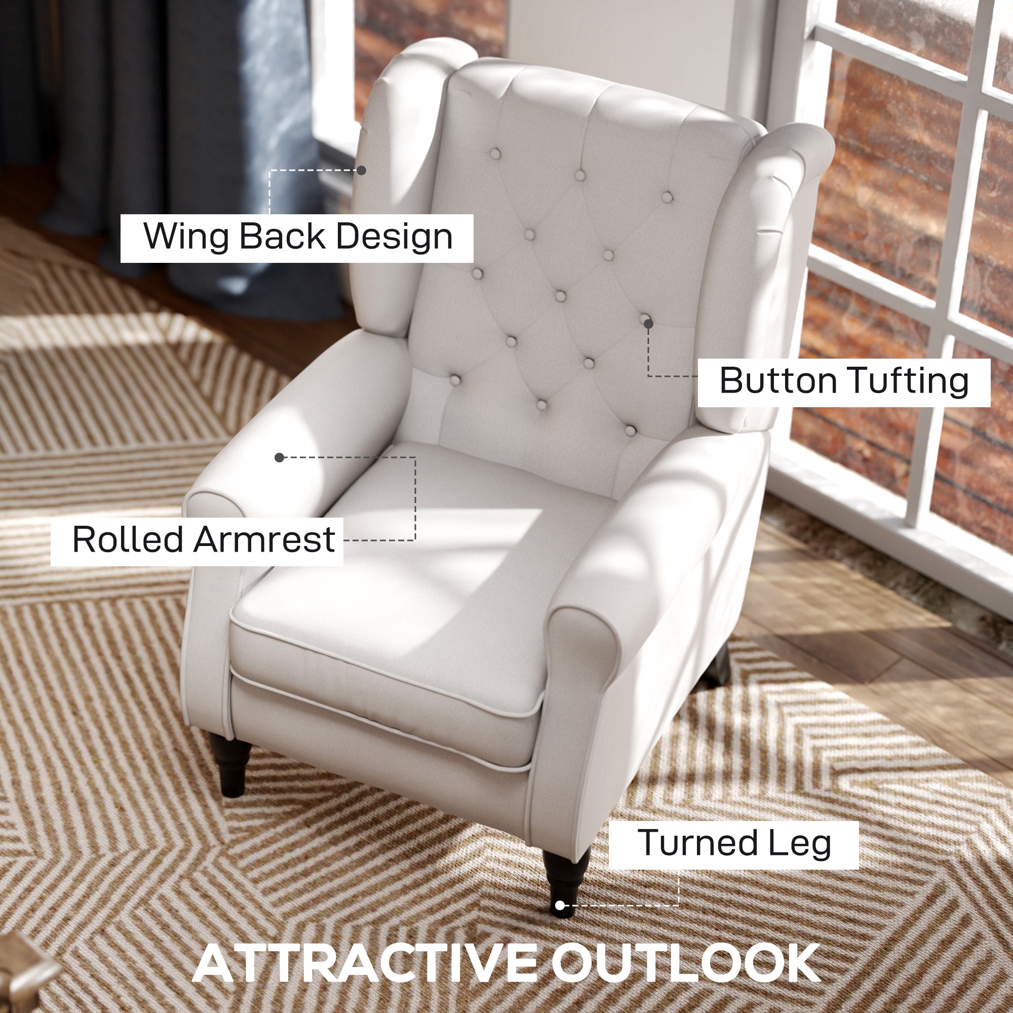 Mid-Century Accent Chair w/ High Wingback, Button-Tufted Fabric & Retro Wood Legs, Cream White