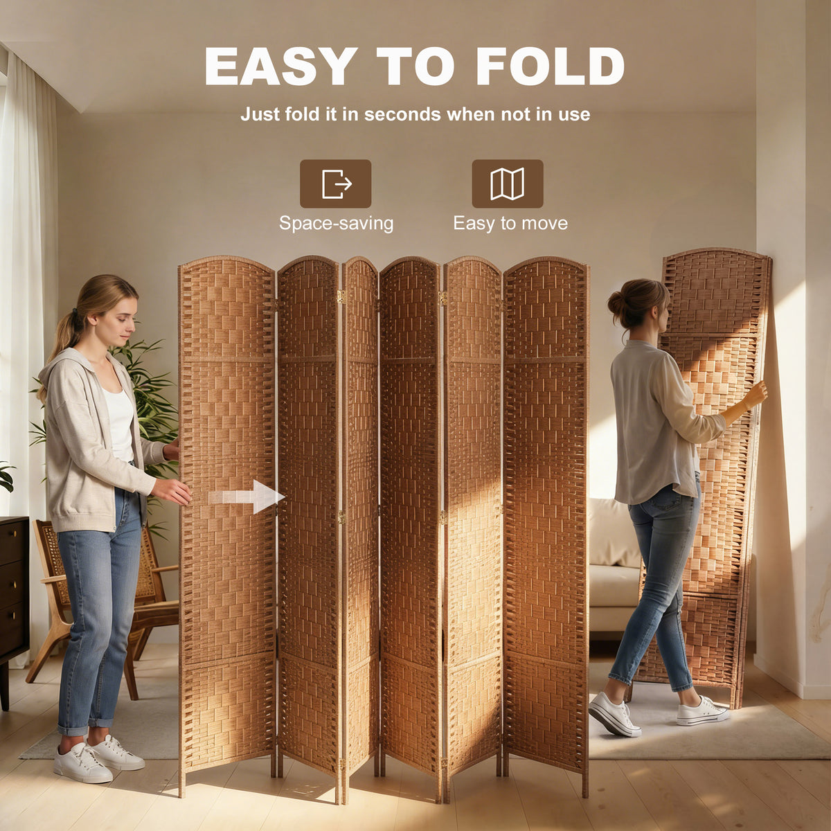 6 Panels Folding Room Divider, 6 ft Tall Portable Privacy Screen with Handwoven Design, Natural