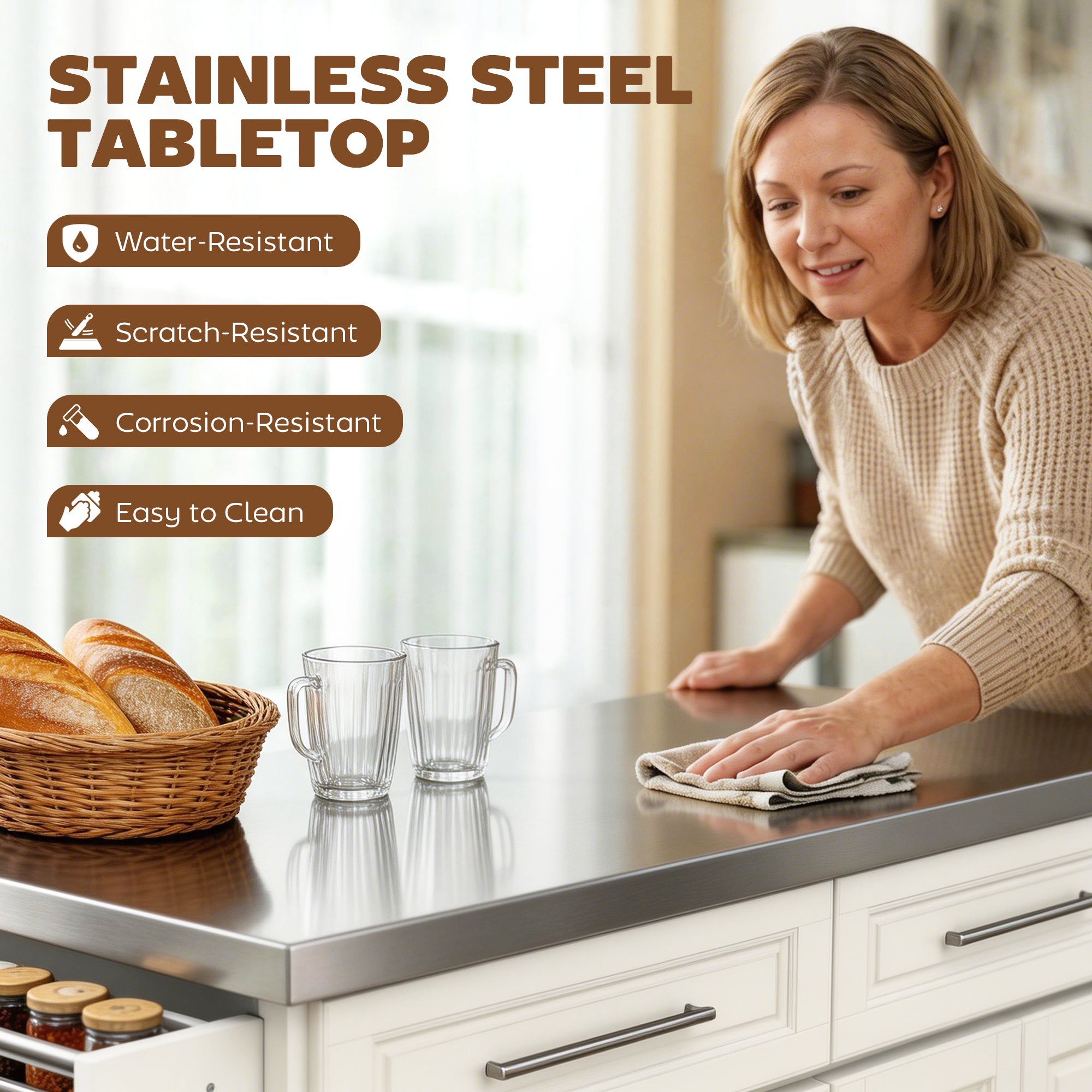 36" Stainless Steel Top Kitchen Island with Storage Drawers, Racks & Cabinets, Cream White - HOMCOM