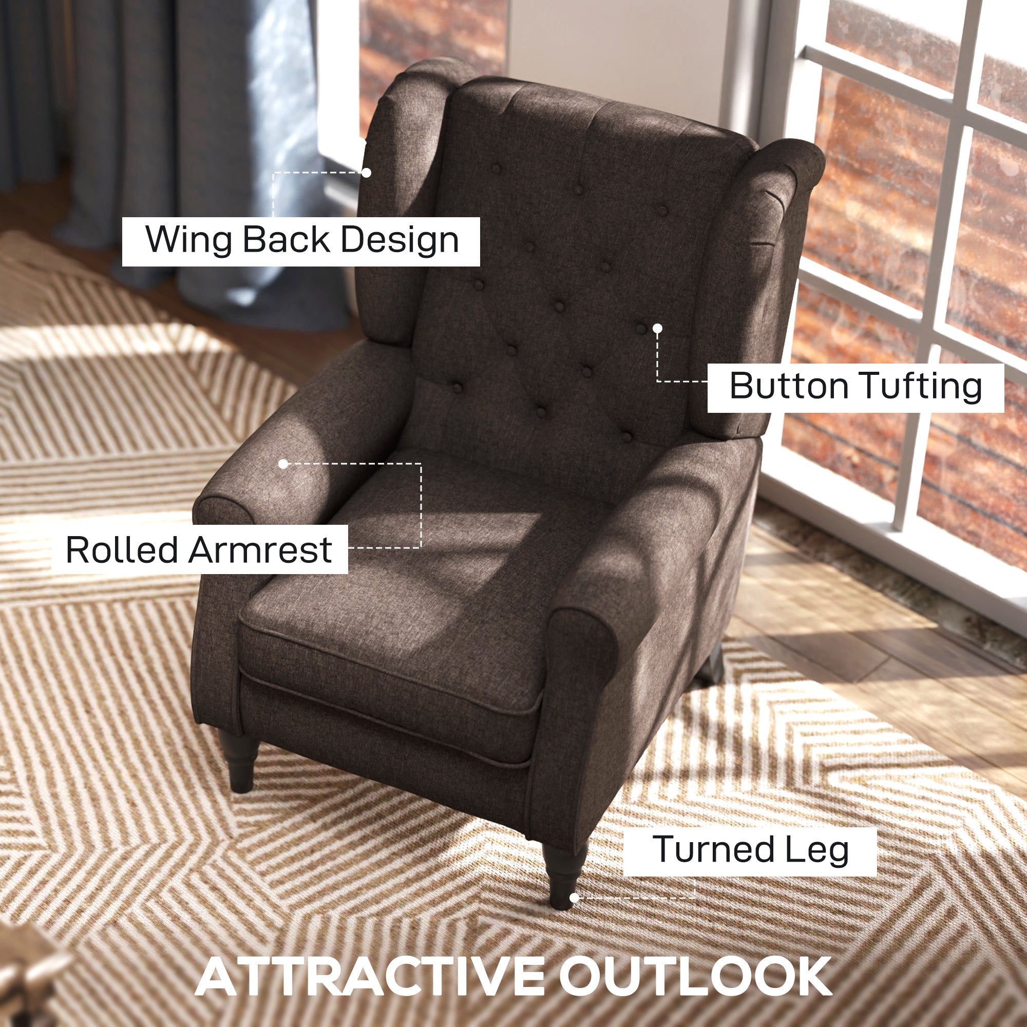 Mid-CenturyAccent Chair w/ High Wingback, Button-Tufted Fabric & Retro Wood Legs, Dark Brown - HOMCOM