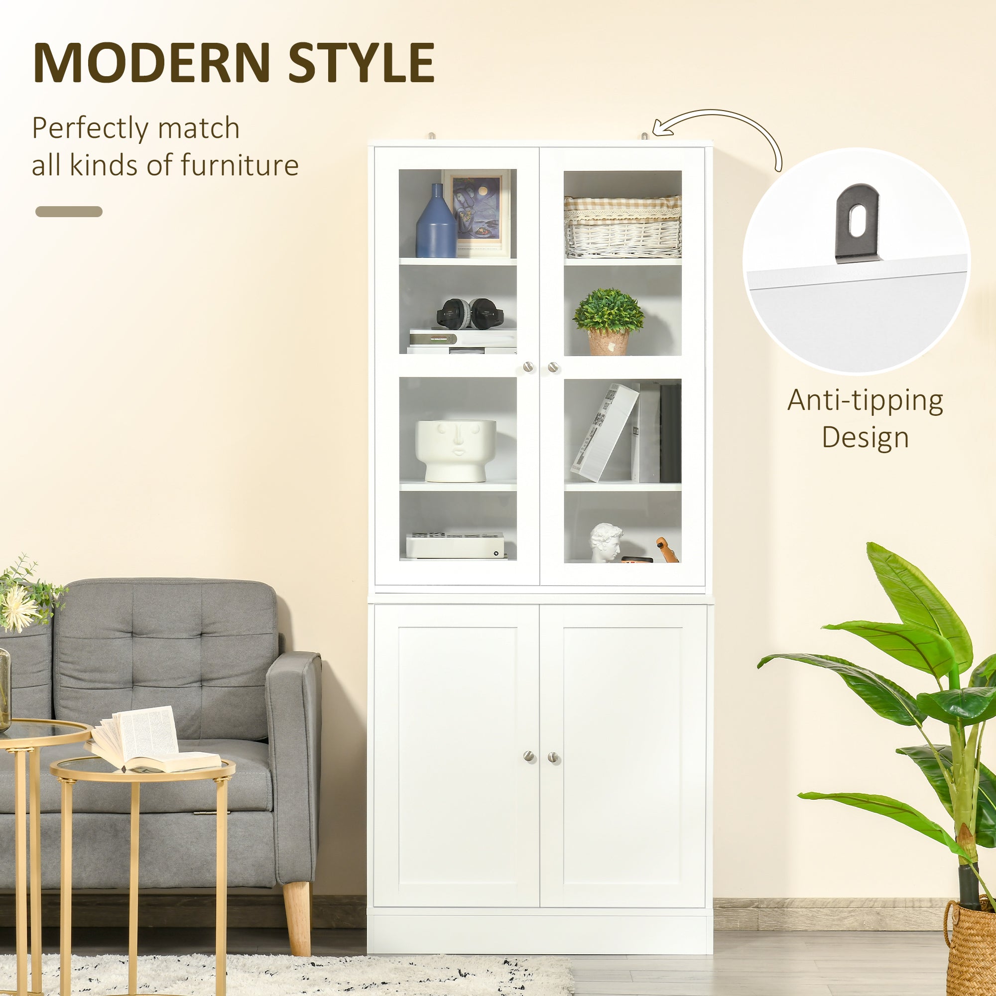 Modern Bookcase with Glass Doors, Display Storage Cabinet w/ Adjustable Shelves, White - HOMCOM