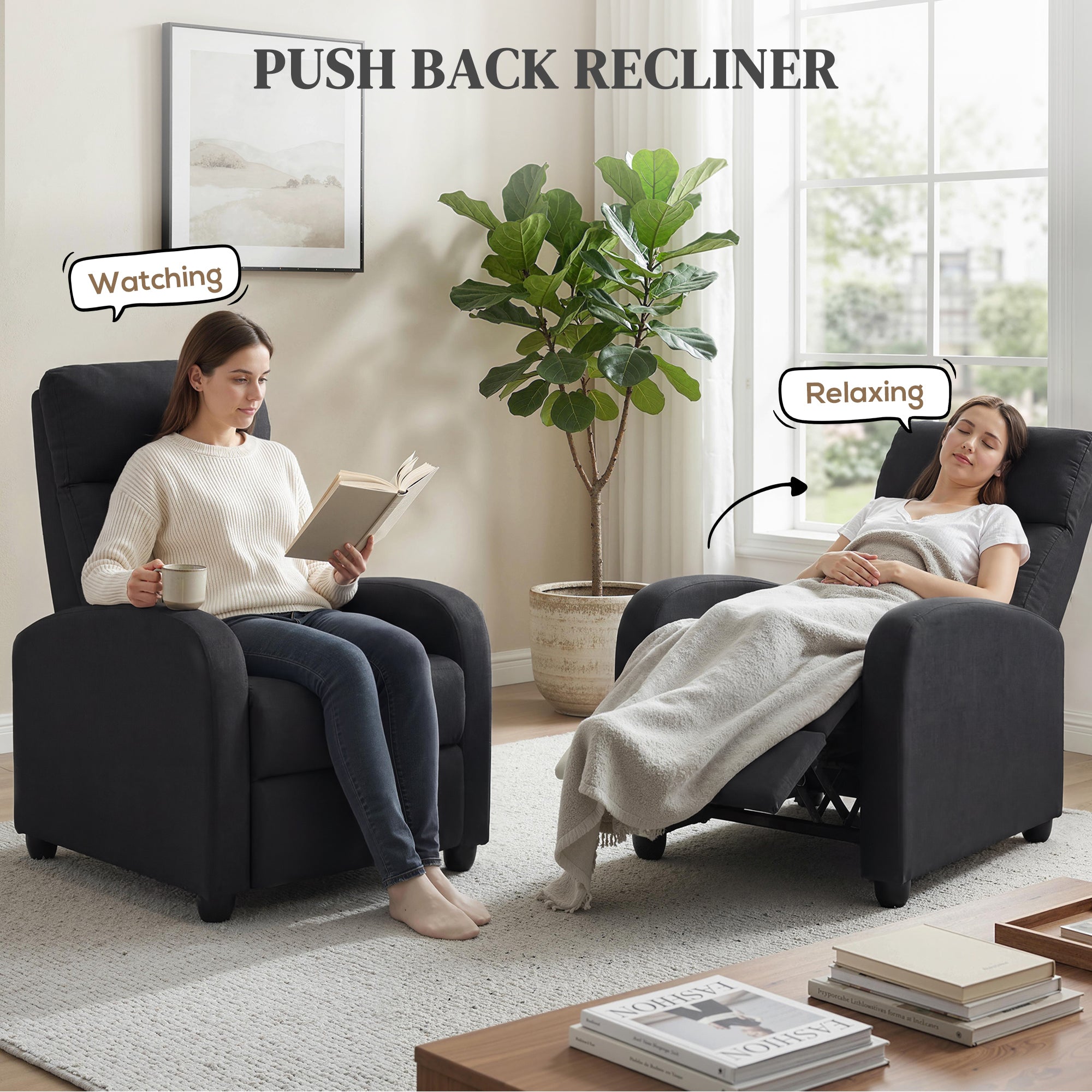 Push Back Recliner Chair with Padded Seat, Black - HOMCOM