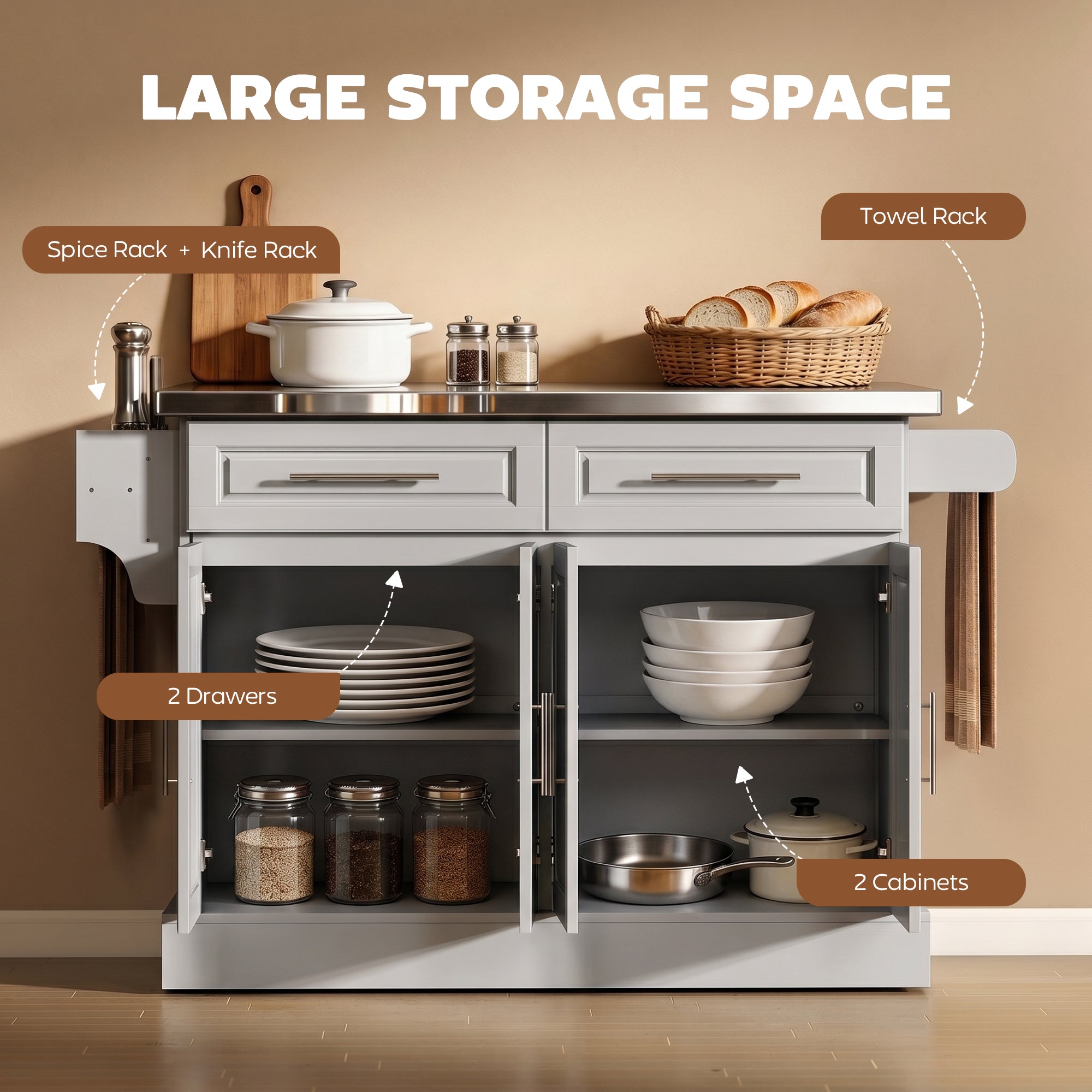 Rolling Kitchen Island with Storage Portable Cart with Stainless Steel Top 2 Drawers Gray