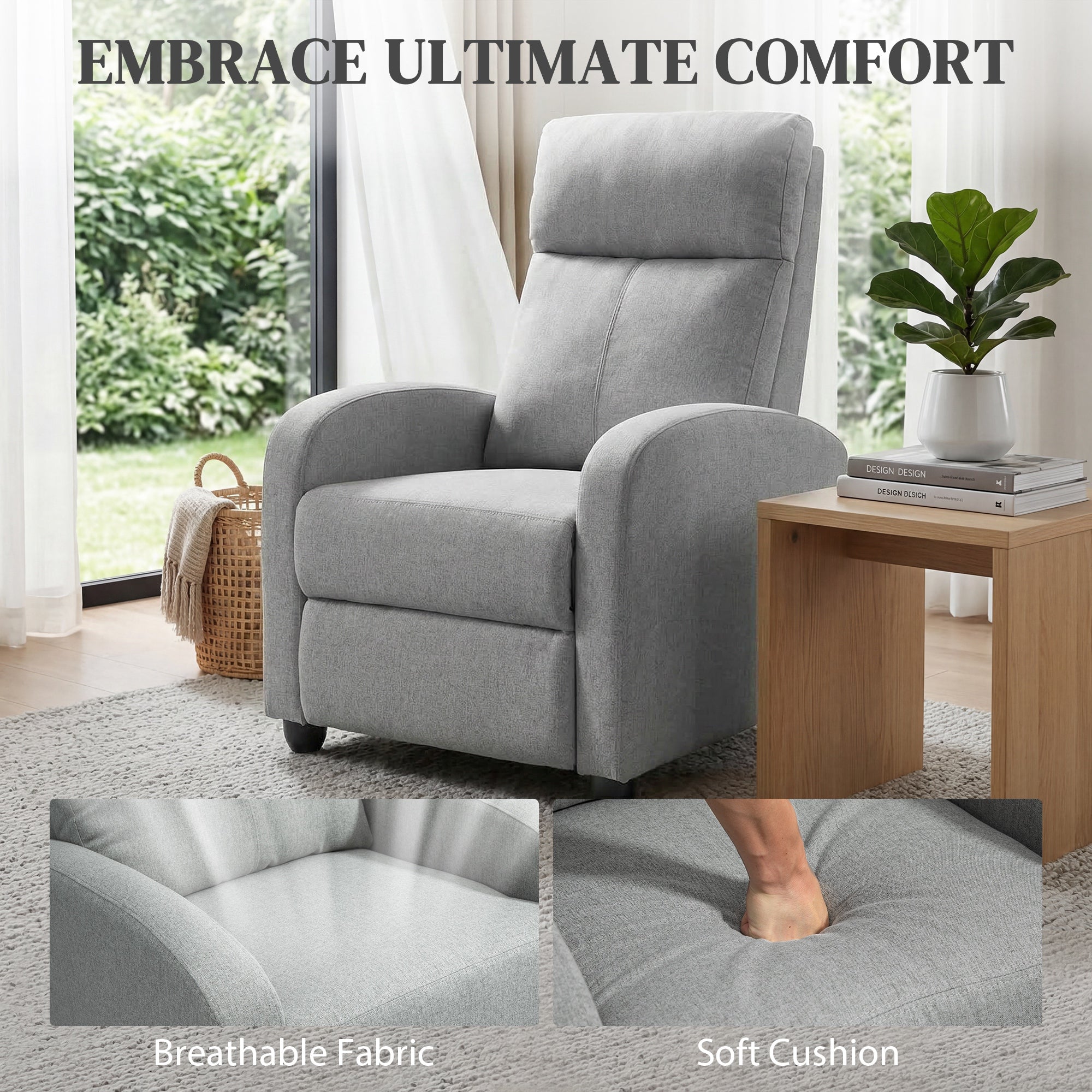 Push Back Recliner Chair with Padded Seat, Light Grey - HOMCOM