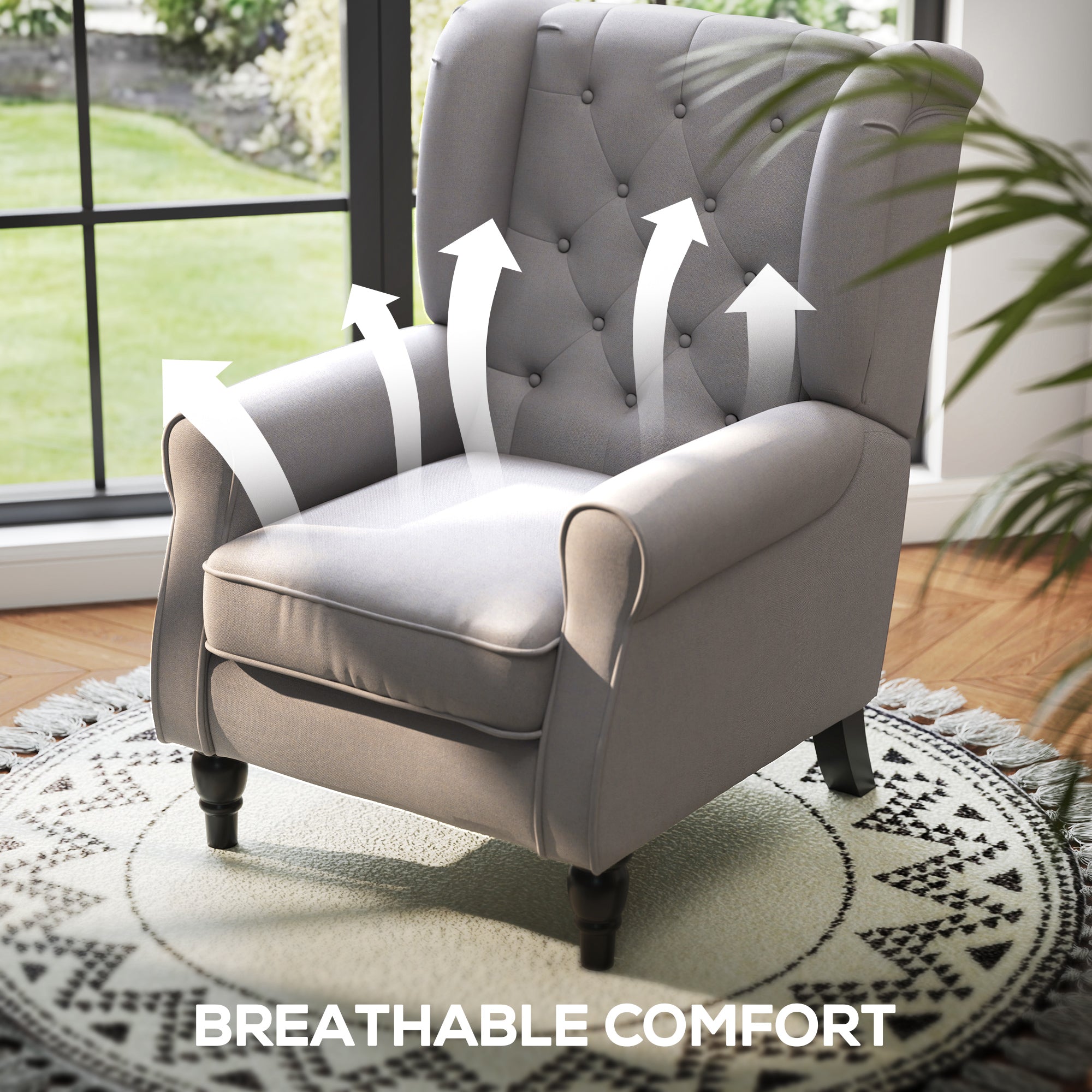 Mid-Century Accent Chair w/ High Wingback, Button-Tufted Fabric & Retro Wood Legs, Gray