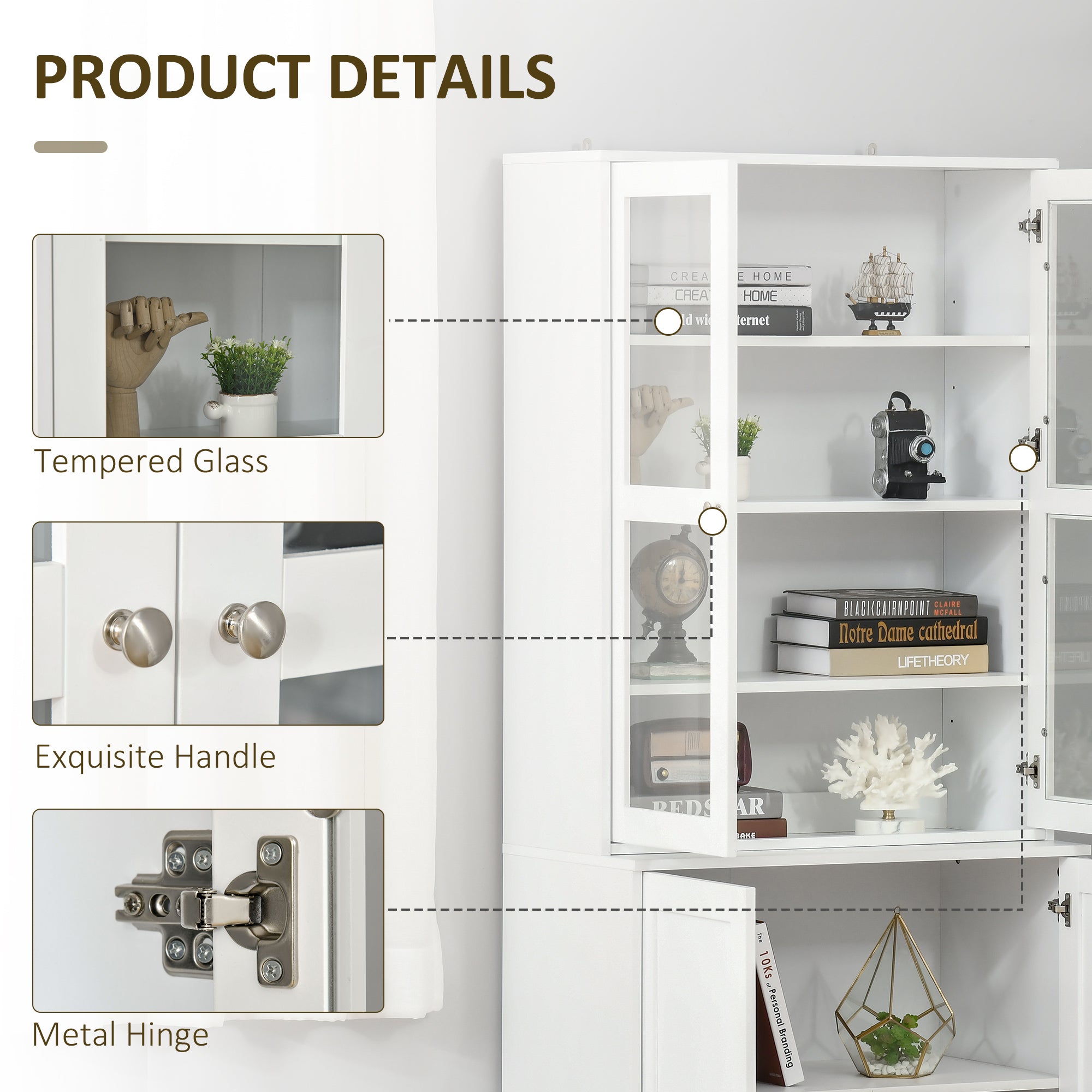 Modern Bookcase with Glass Doors, Display Storage Cabinet w/ Adjustable Shelves, White - HOMCOM