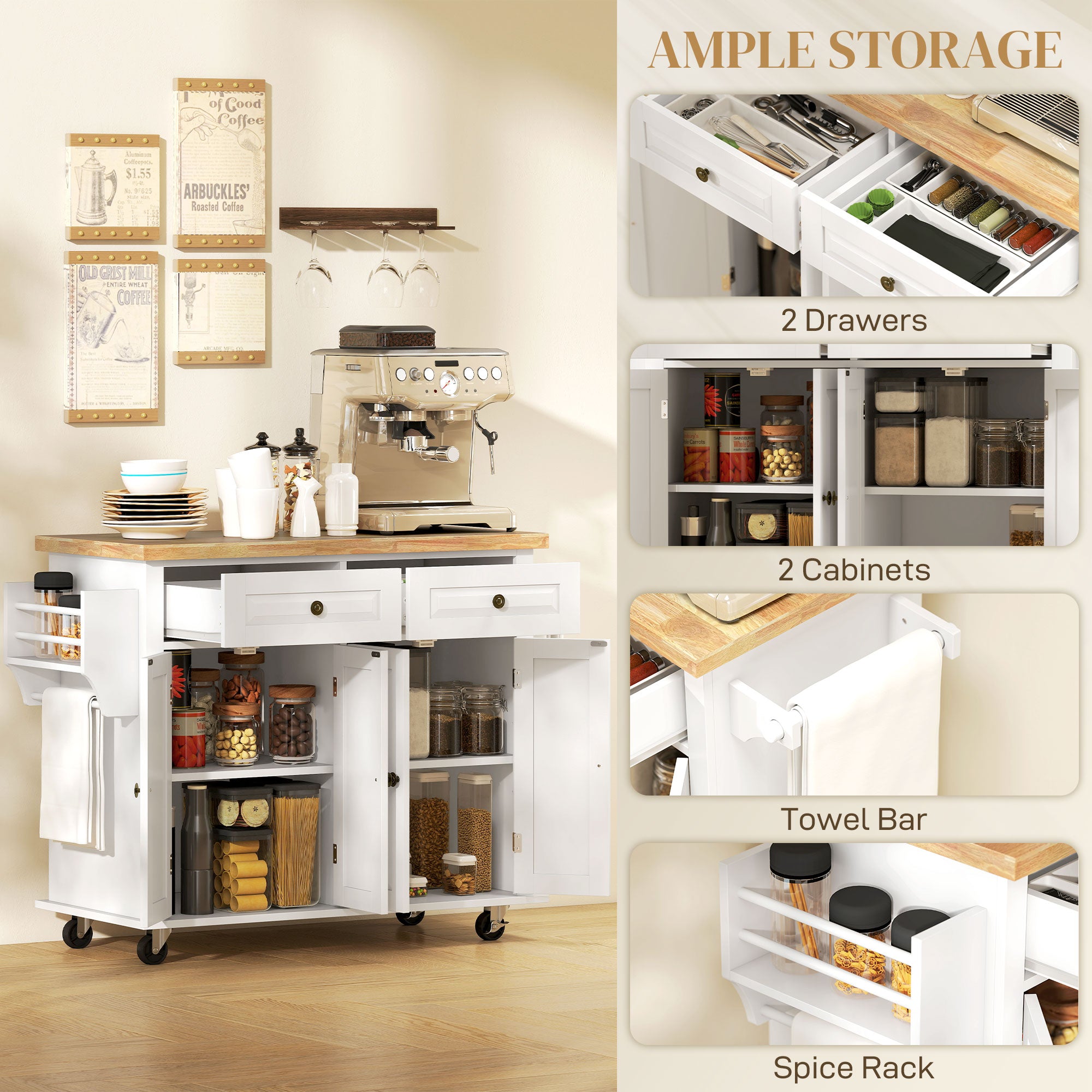 GlideSpace Rolling Kitchen Microwave Island with Flexible Storage Shelf Unit and Drawers - HOMCOM