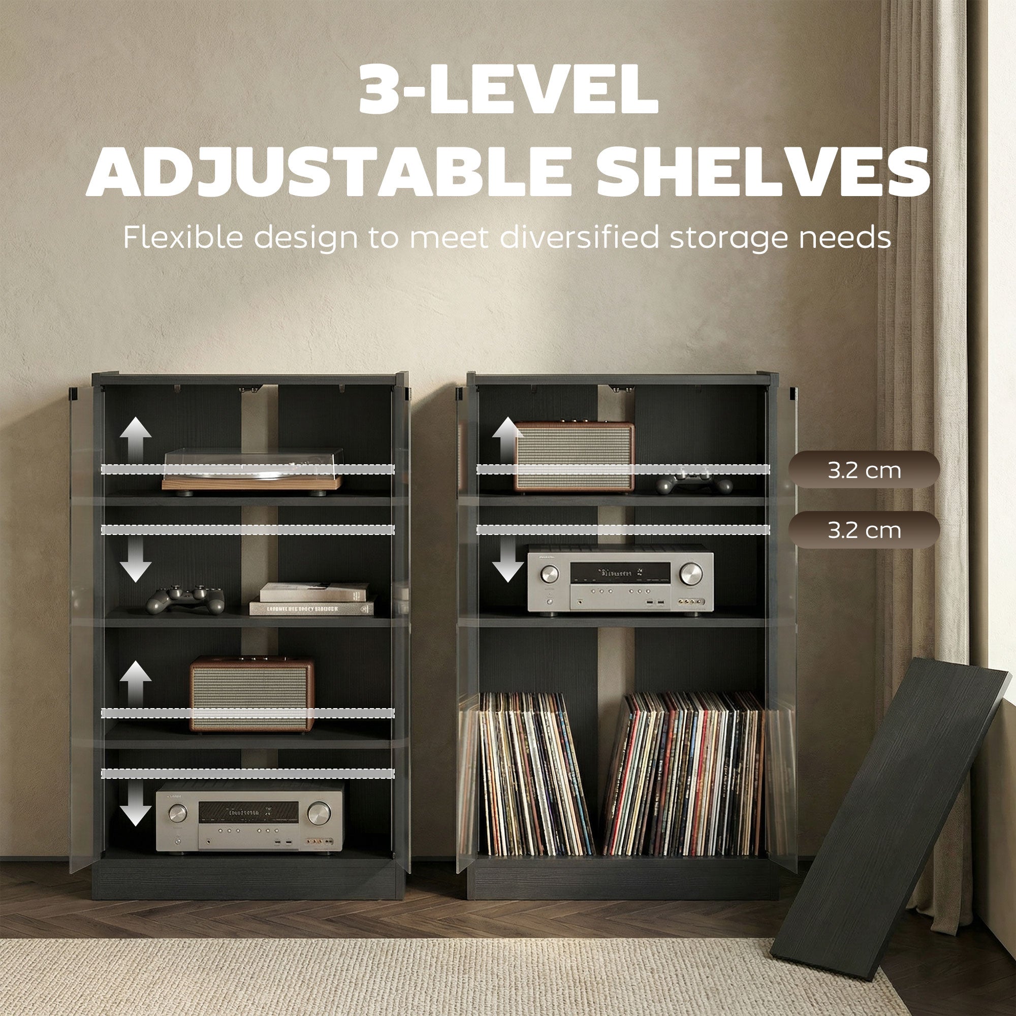 4-Tier Media Cabinet Stand w/ Adjustable Shelves & Cable Management, Distressed Black