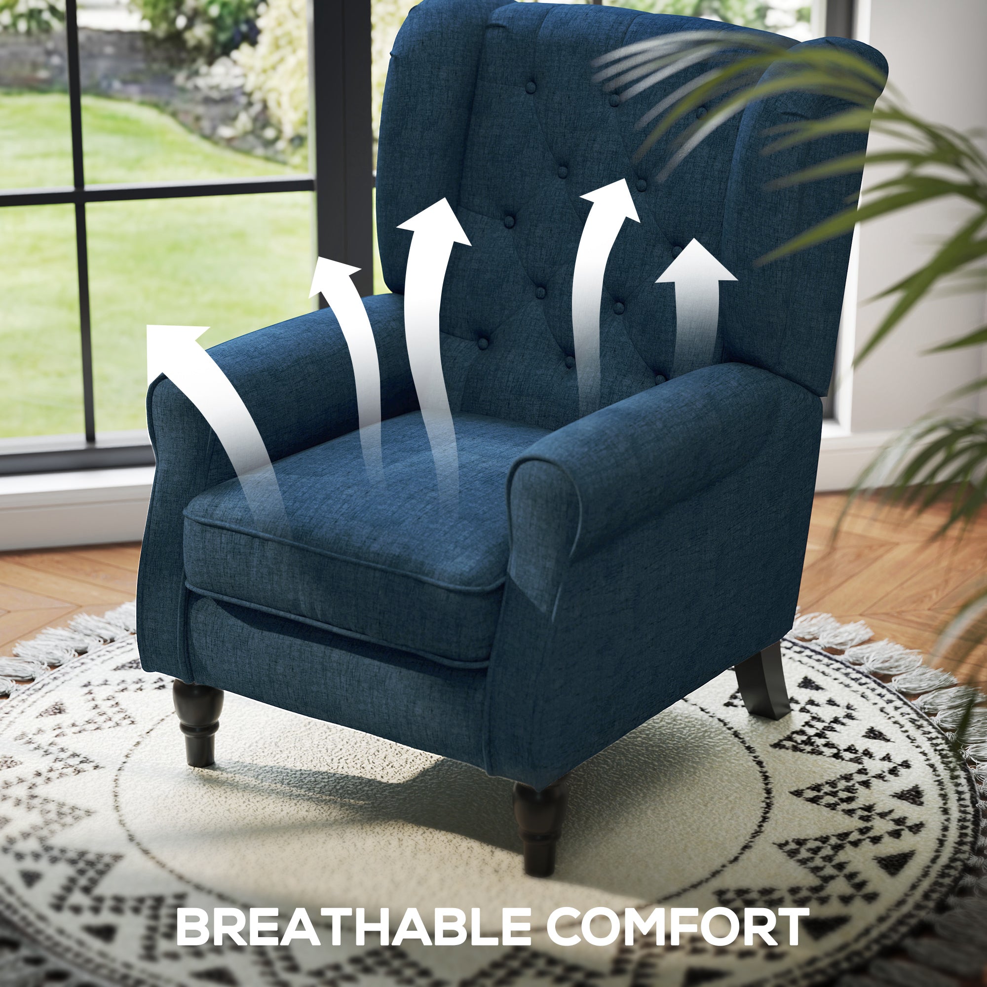 Mid-Century Accent Chair w/ High Wingback, Button-Tufted Fabric & Retro Wood Legs, Blue