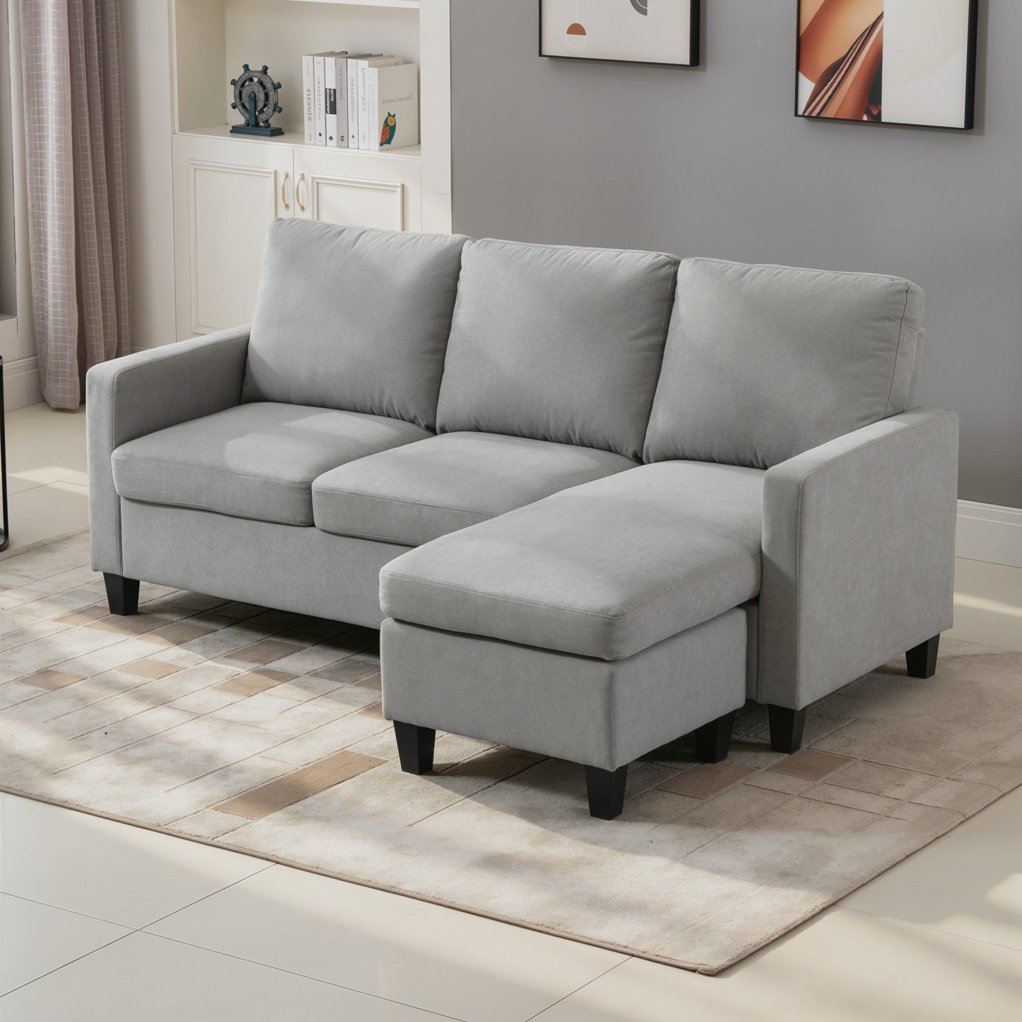 Canapé d'angle 3 places en L avec pouf pour salon, gris clair