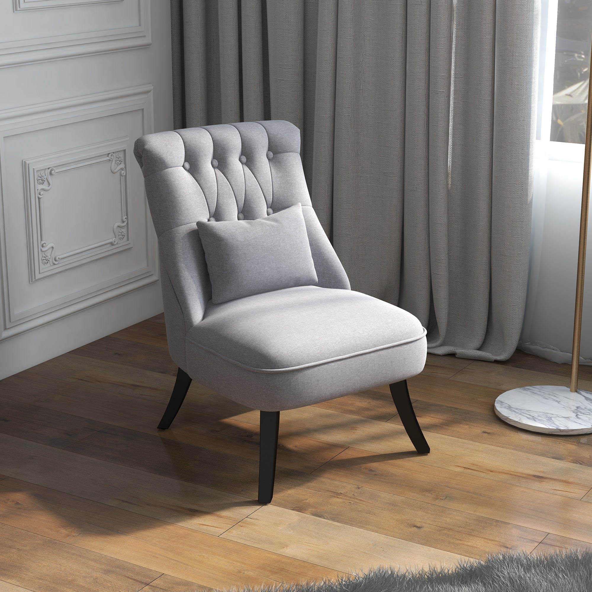 Fabric Single Sofa, Dining Chair with Pillow & Solid Wood Leg for Living Room, Grey