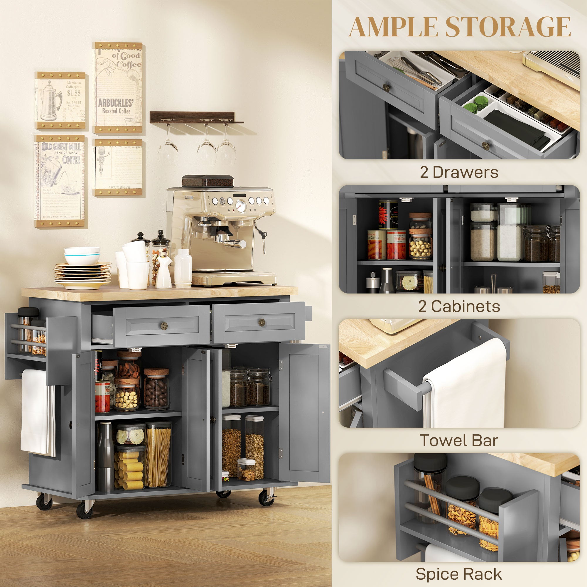 Modern Rubberwood Rolling Kitchen Island with Storage - HOMCOM