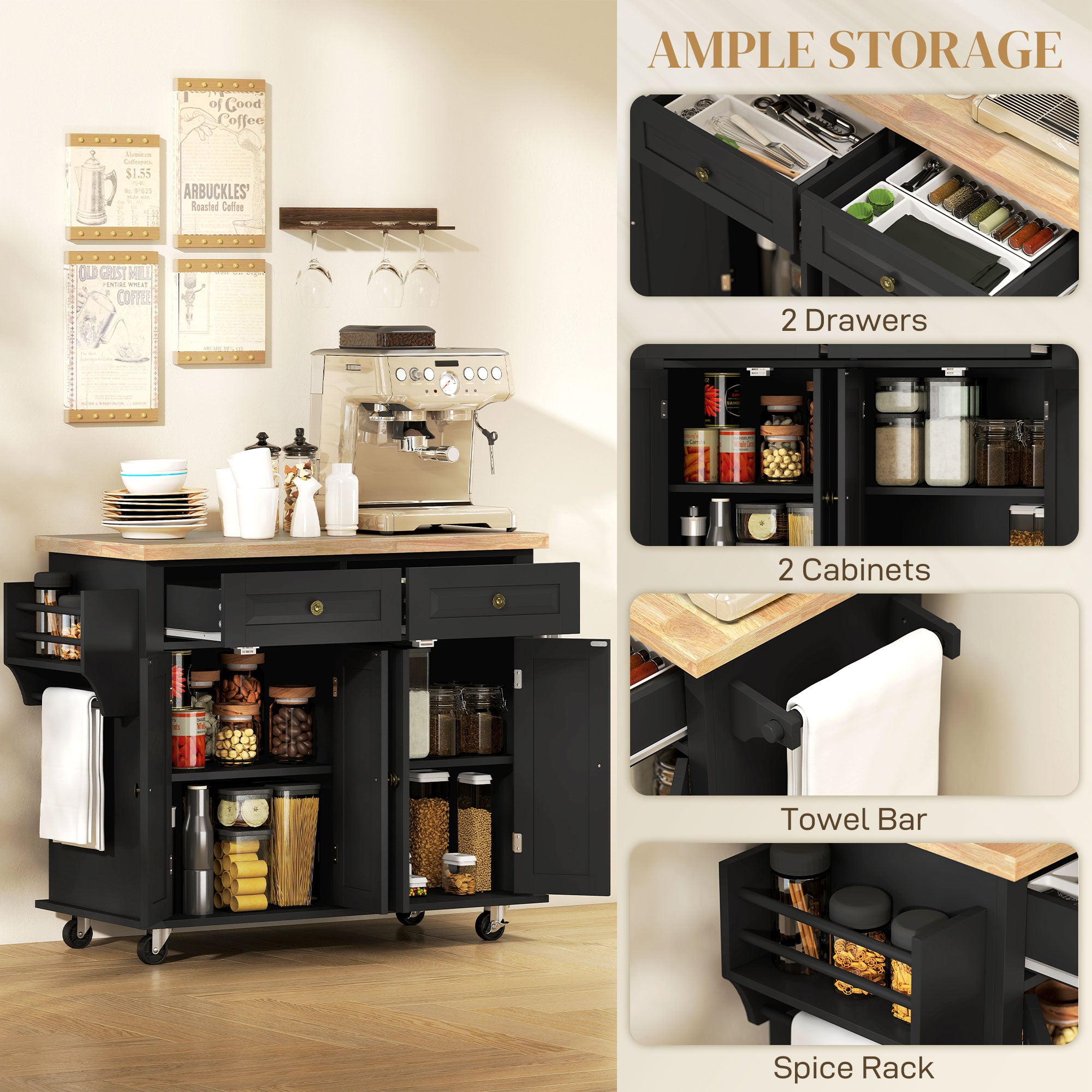 GlideSpace Rolling Kitchen Island Storage Trolley with Rubber Wood Top & Drawers for Dining Room, Black - HOMCOM