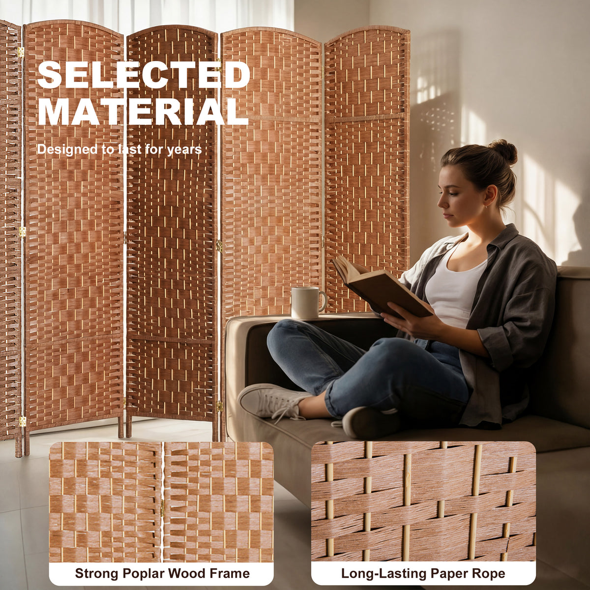 6 Panels Folding Room Divider, 6 ft Tall Portable Privacy Screen with Handwoven Design, Natural