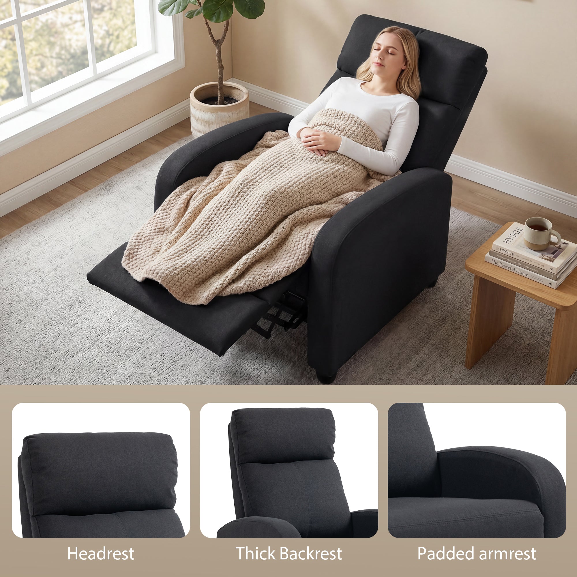 Push Back Recliner Chair with Padded Seat, Black - HOMCOM