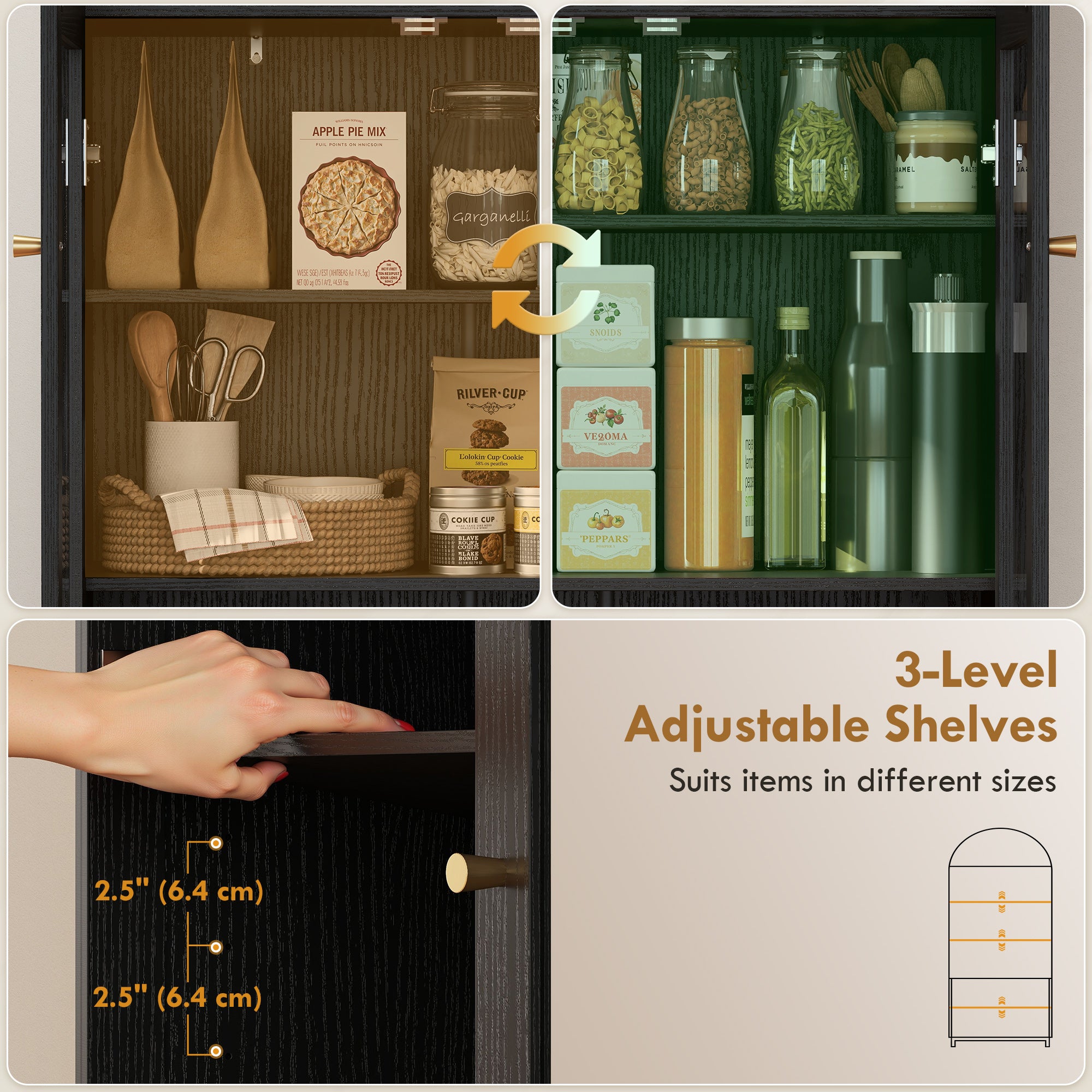 71" Tall Arched Kitchen Pantry Cabinet, Farmhouse Freestanding Kitchen Storage Cabinet with Adjustable Shelves, Acrylic Doors for Living Room, Dining Room, Black - HOMCOM