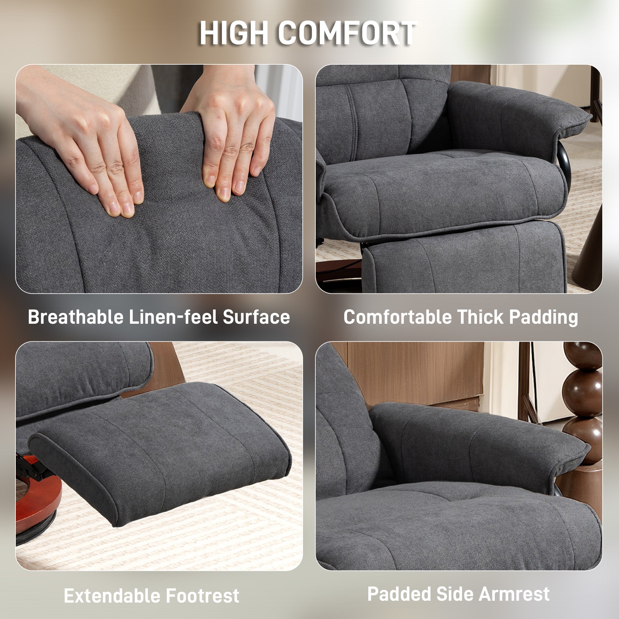 Manual Recliner Chair with Faux Leather Upholstered & Wooden Base for Living Room, Light Grey - HOMCOM