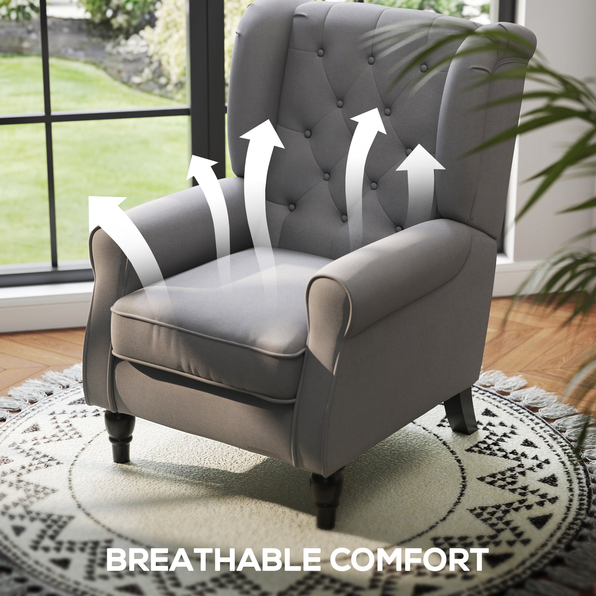 Retro Button Tufted Accent Armchair with Wooden Frame and Legs for Living Room, Bedroom, Dark Grey