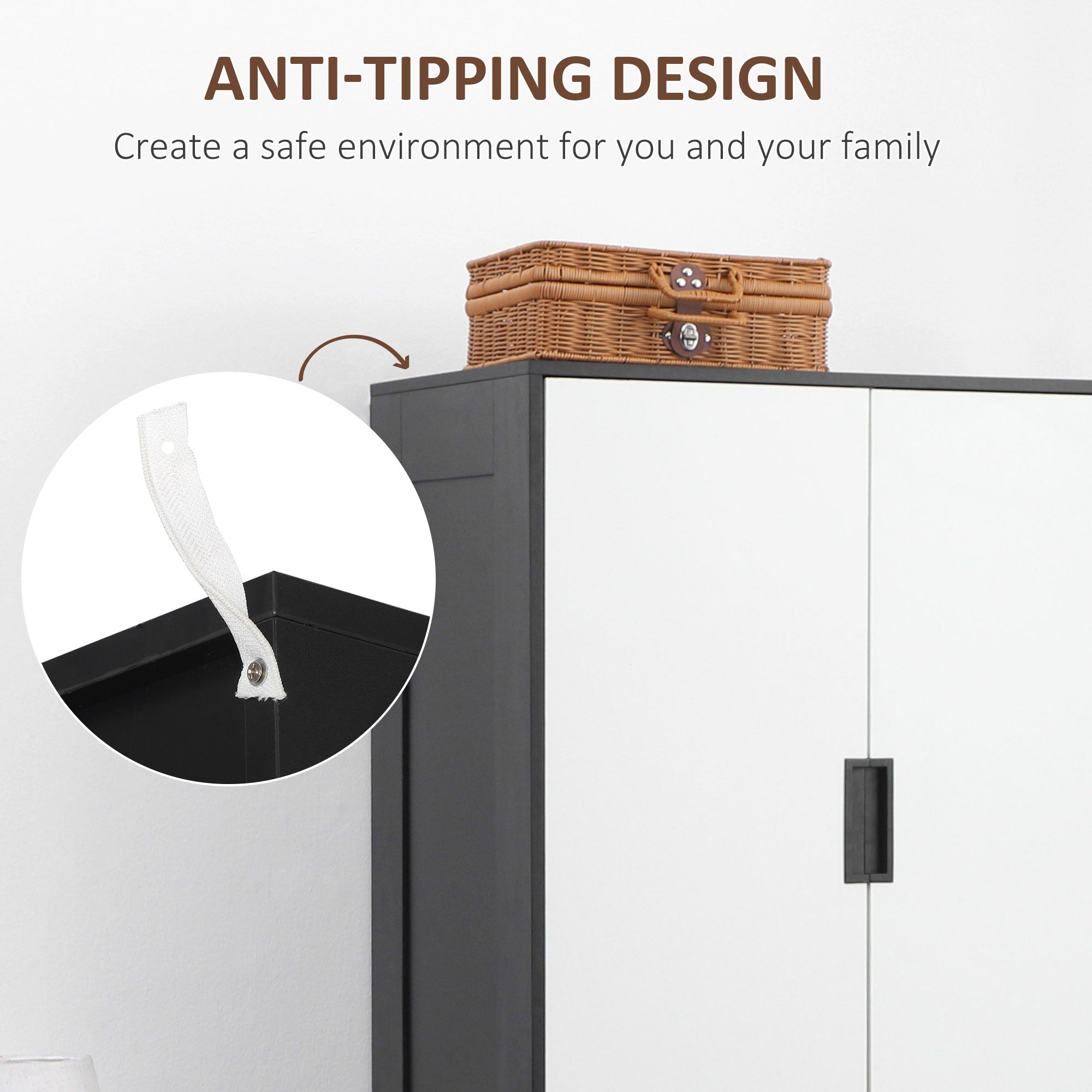 Modern Clothes Storage Cupboard Unit, Wardrobe with Hanging Rod, 3-Drawer and 2-Door, Black