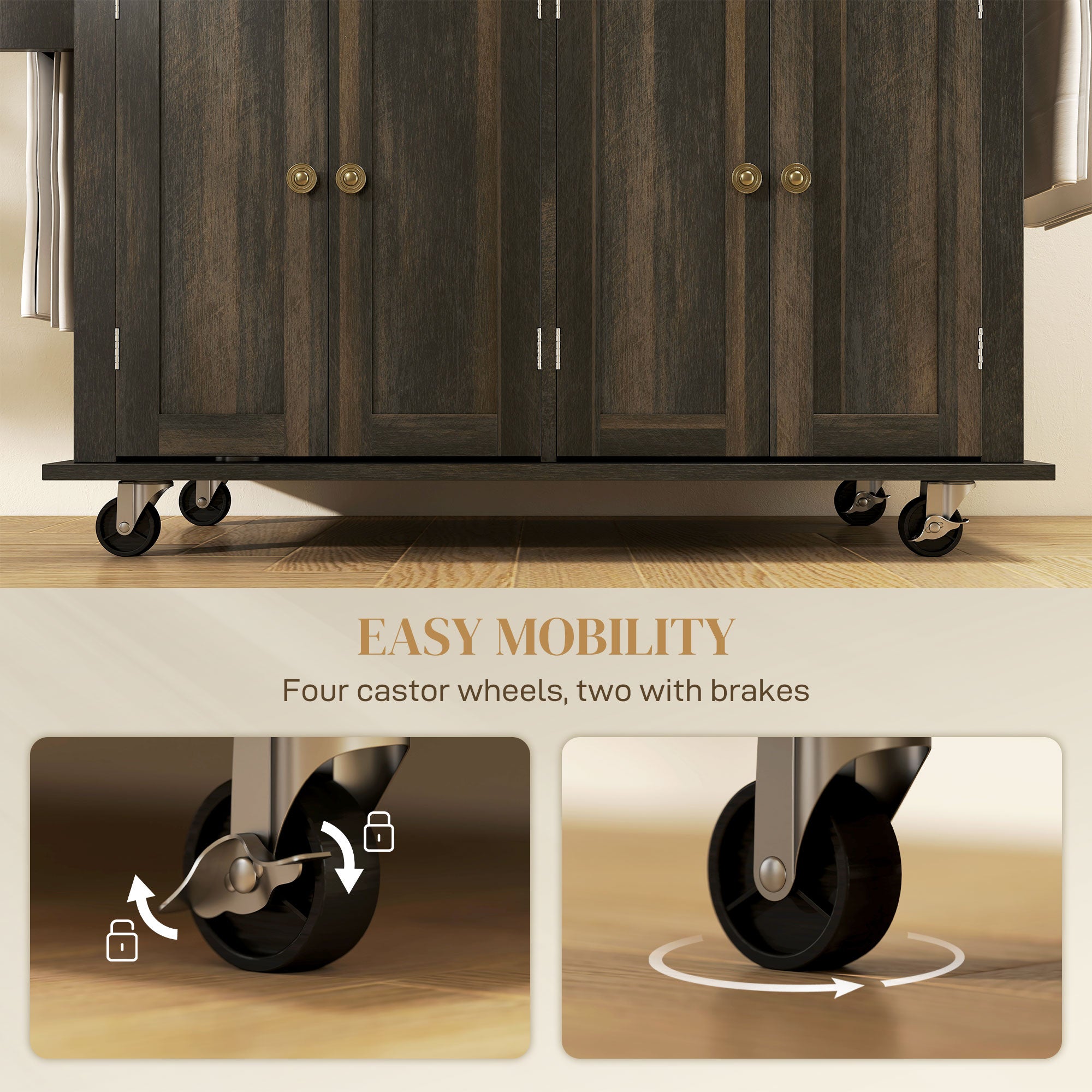 GlideSpace Kitchen Island on Wheels, Rolling Cart w/ Rubberwood Top, Spice Rack & Drawers, Brown Oak - HOMCOM