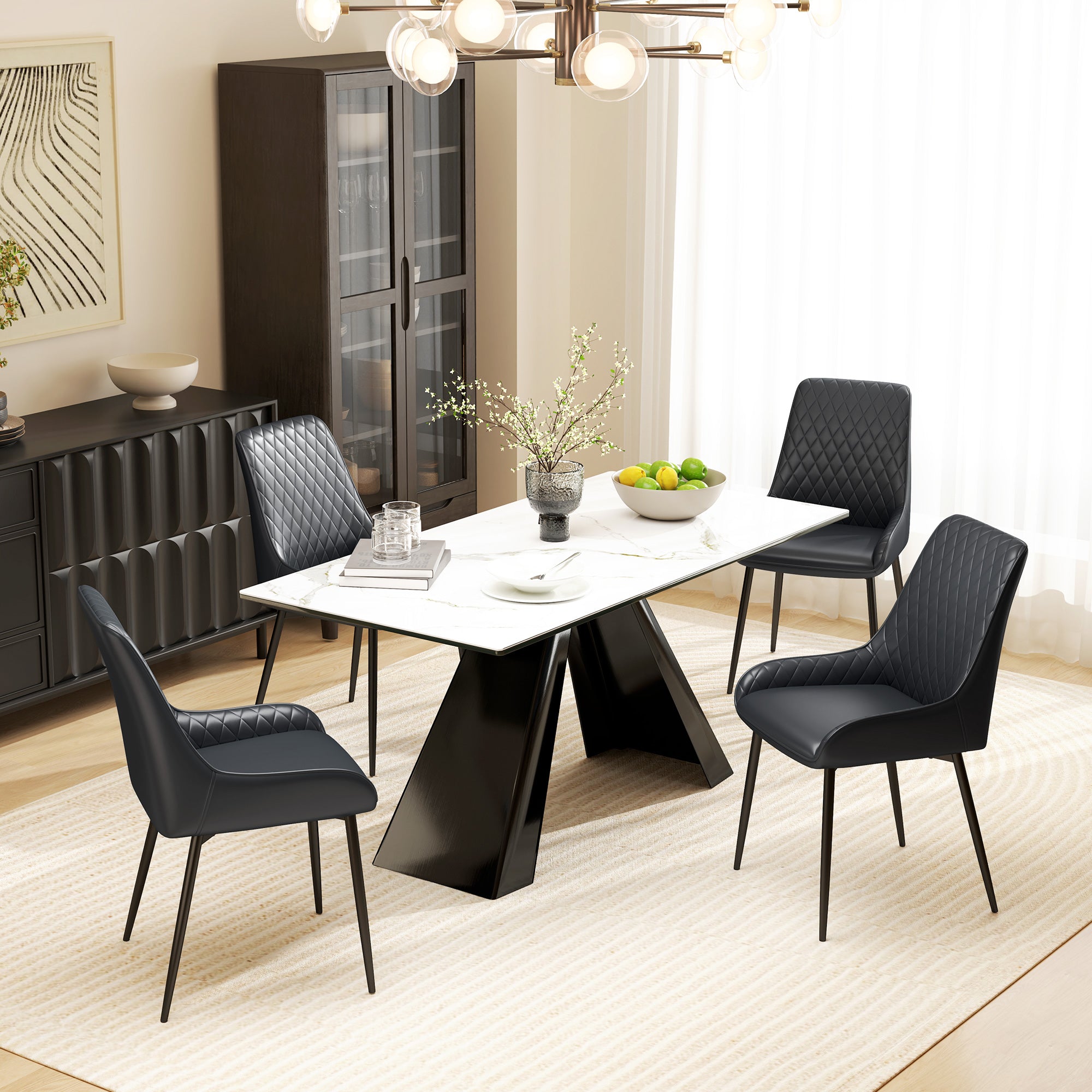 Set of 2 PU Leather Dining Chairs with Tufted Backs & Steel Legs, Black - HOMCOM