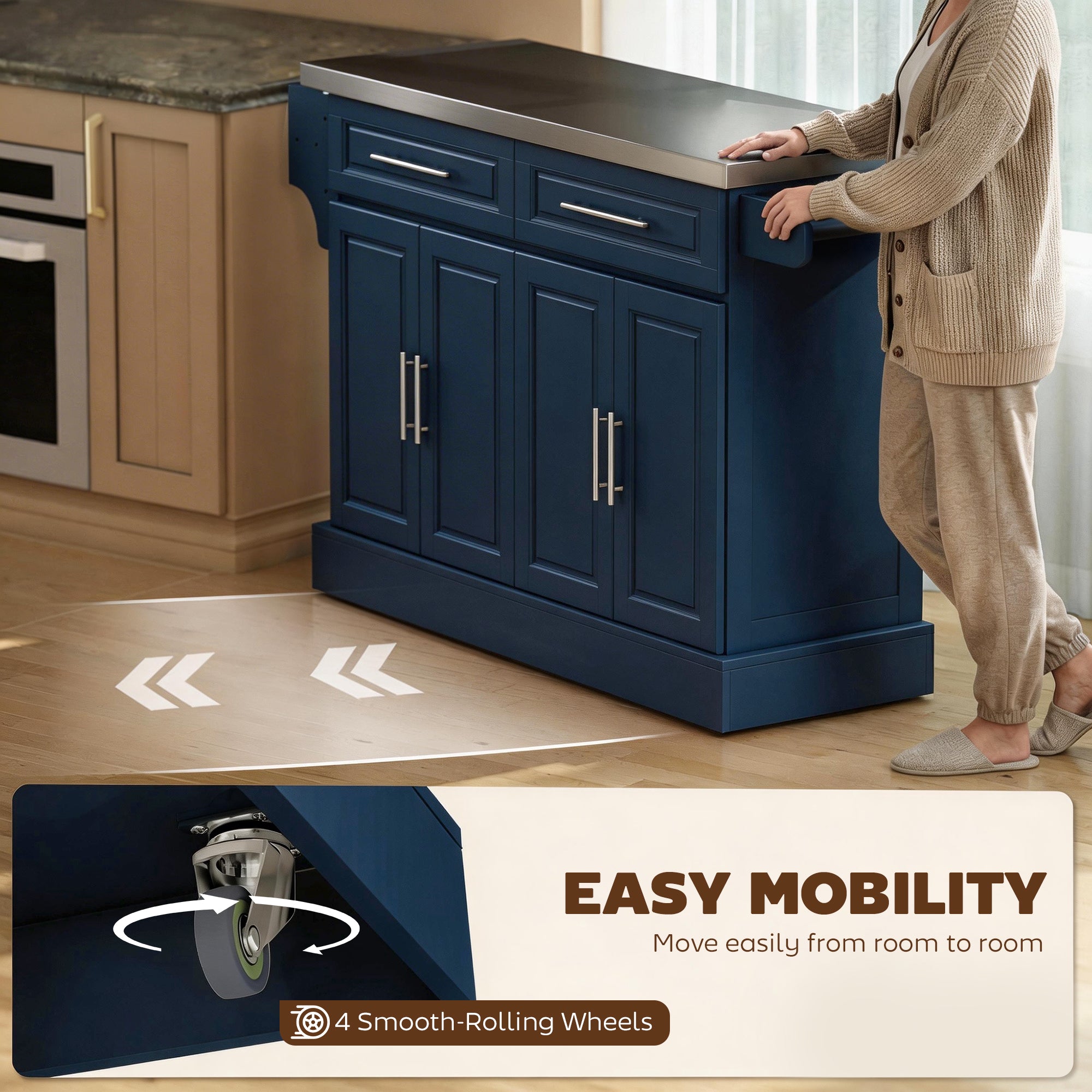 Rolling Kitchen Island with Stainless Steel Top 2 Drawers Spice Knife and Towel Rack Navy - HOMCOM