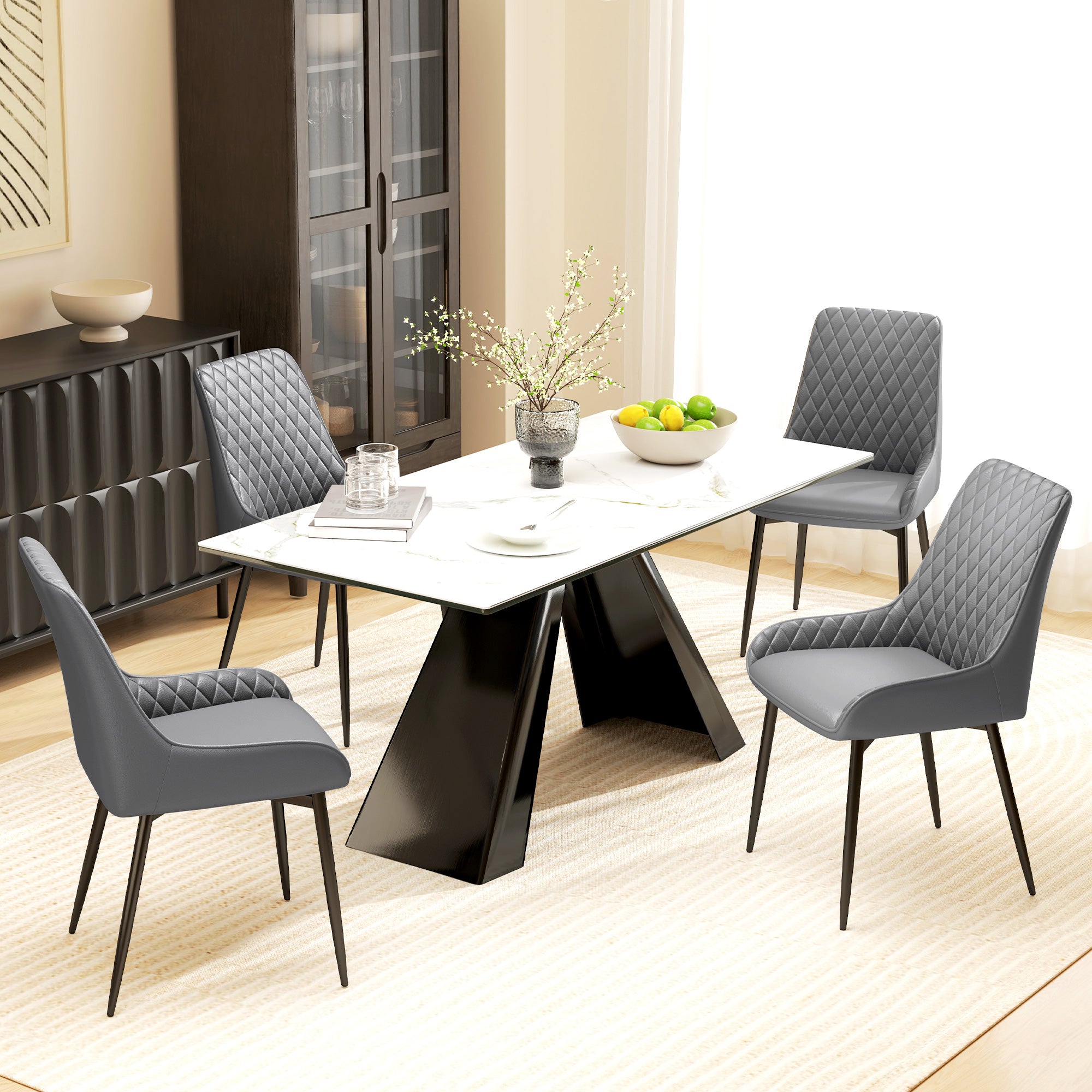 Set of 2 PU Leather Dining Chairs with Tufted Backs & Steel Legs, Grey - HOMCOM